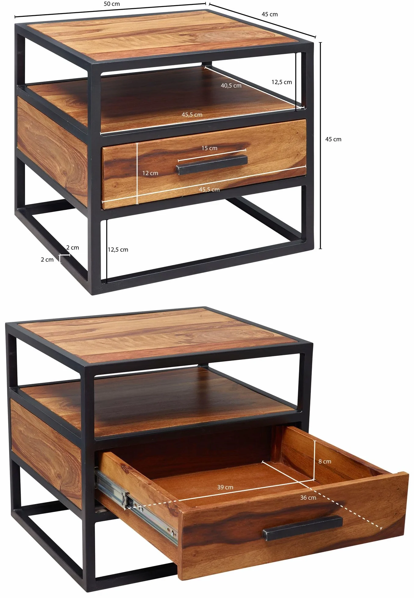 FineBuy Szafka Nocna 50x45x45 cm Lite Drewno Sheesham z Szufladą, Stal | konsola nocna industrialna ze stalowym stelażem i półką do łóżka kontynentalnego, szafka nocna ręcznie wykonana