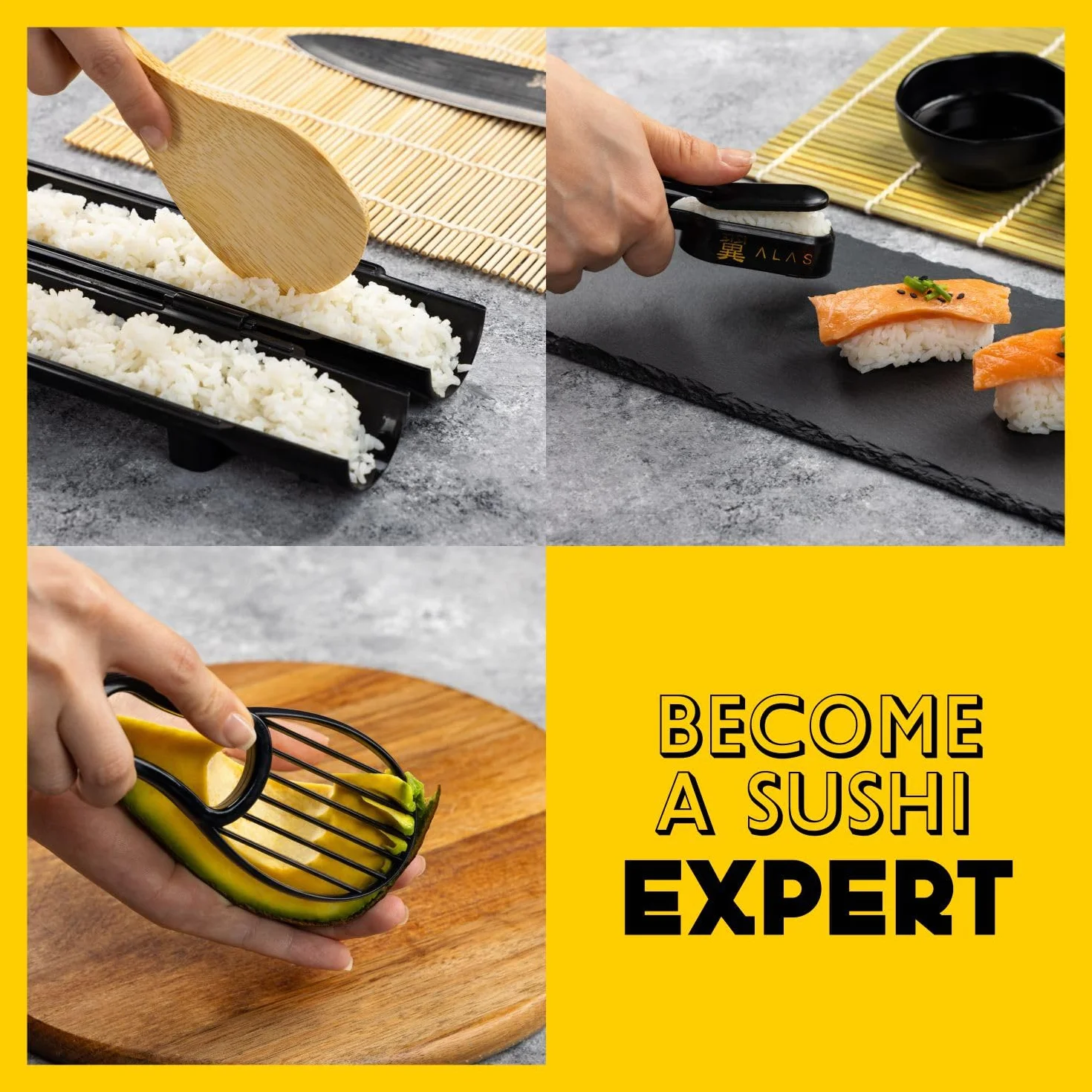 Alas Zestaw do robienia sushi – kompletny zestaw do robienia sushi dla początkujących i profesjonalistów, idealne akcesoria kuchenne do robienia sushi, takie jak nóż do sushi, 2 maty do sushi, bazooka