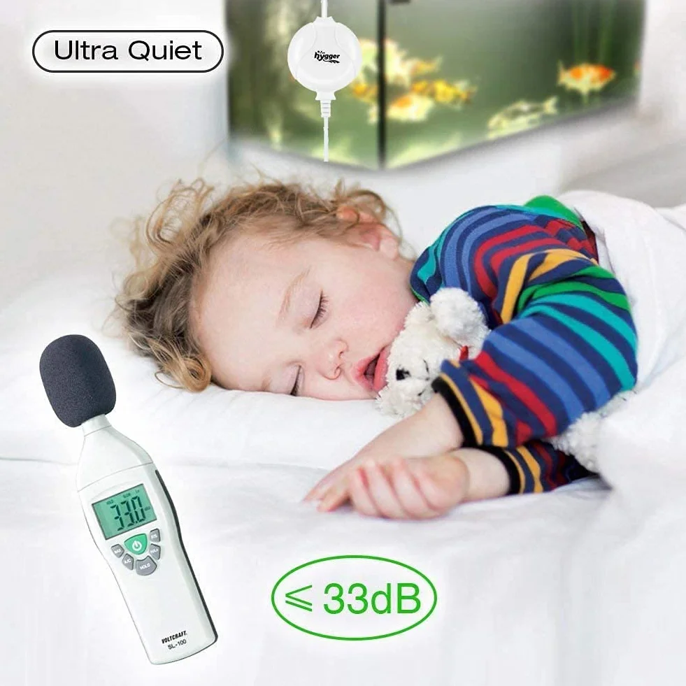 hygger Pompa tlenowa do akwarium, bardzo cicha pompa powietrza do akwarium, poziom hałasu niższy niż 33 dB, 1,5 W, wydajna pompa tlenowa 420 ml/m, nadaje się do basenów rybnych i nanoakwariów