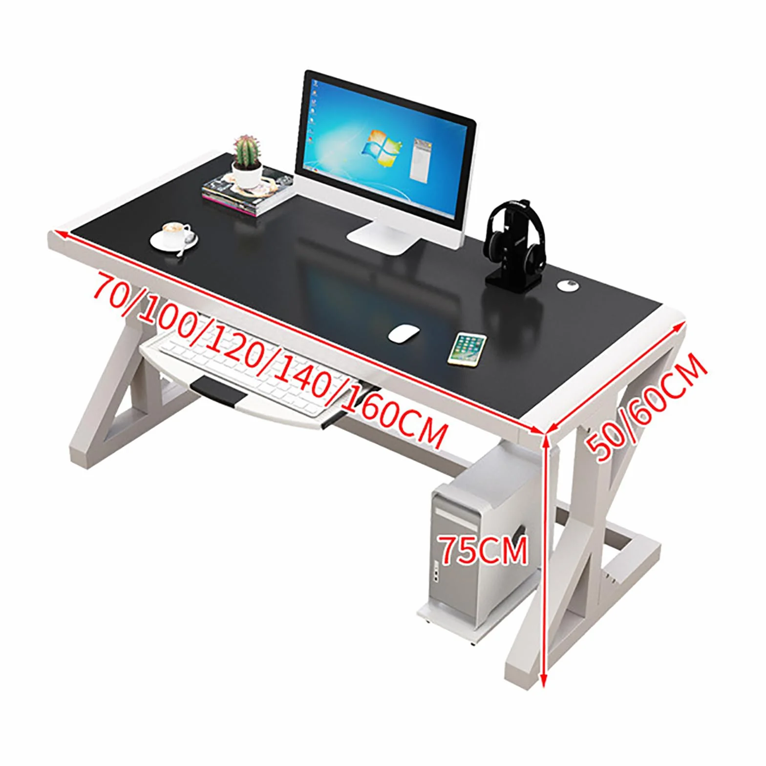 Biurko komputerowe ze szkła hartowanego, duże biurko do nauki z nogami w kształcie litery X, biurko do gier, komputer, laptop, stół do nauki, stacja robocza do biura w
