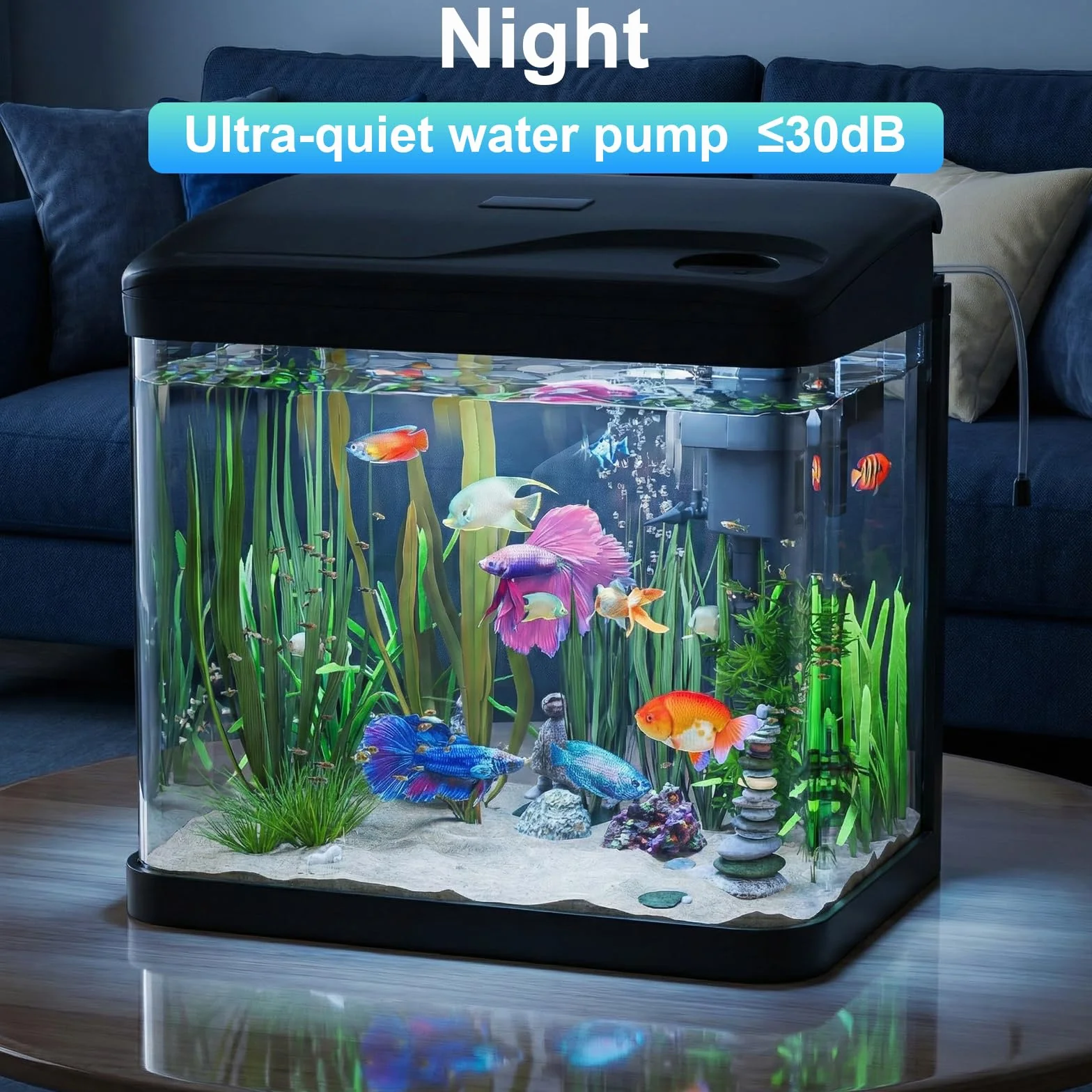 Zestaw do akwarium, 15 l, zbiornik na ryby, akwarium z lampkami LED i systemem filtracyjnym, małe akwarium, kompletny zestaw, czarny