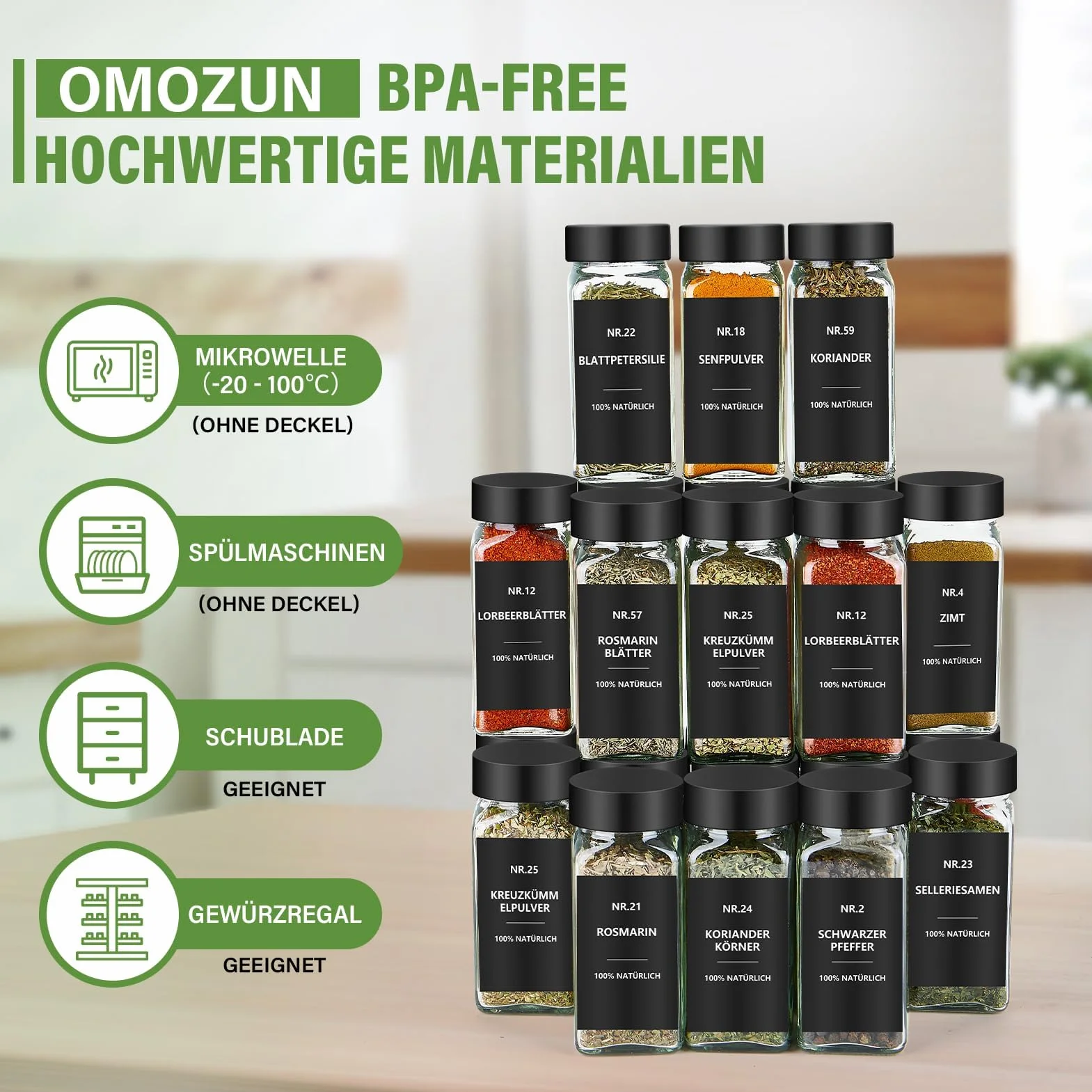 Kwadratowe słoiki na przyprawy z etykietami, zestaw 24 sztuk: małe słoiki na przyprawy, szklane, 120 ml, z wkładką do shakera, wodoodporne etykiety, przechowywanie przypraw do szuflady kuchennej