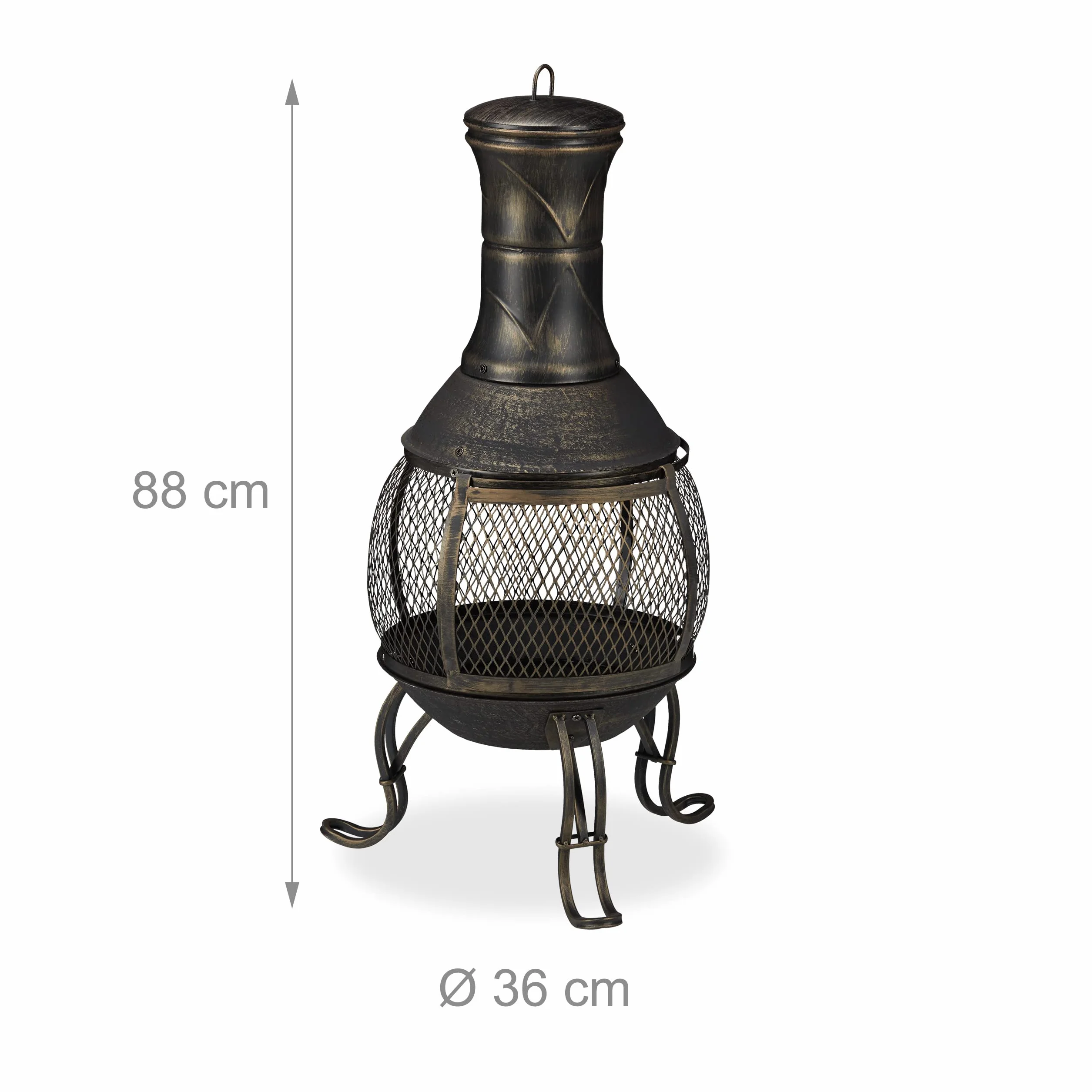 Relaxdays Piec tarasowy, stal i żeliwo, wys. x śr.: 88 x 36 cm, kominek ogrodowy, ochrona przed iskrami, Chiminea, piec aztecki, czarny/złoty