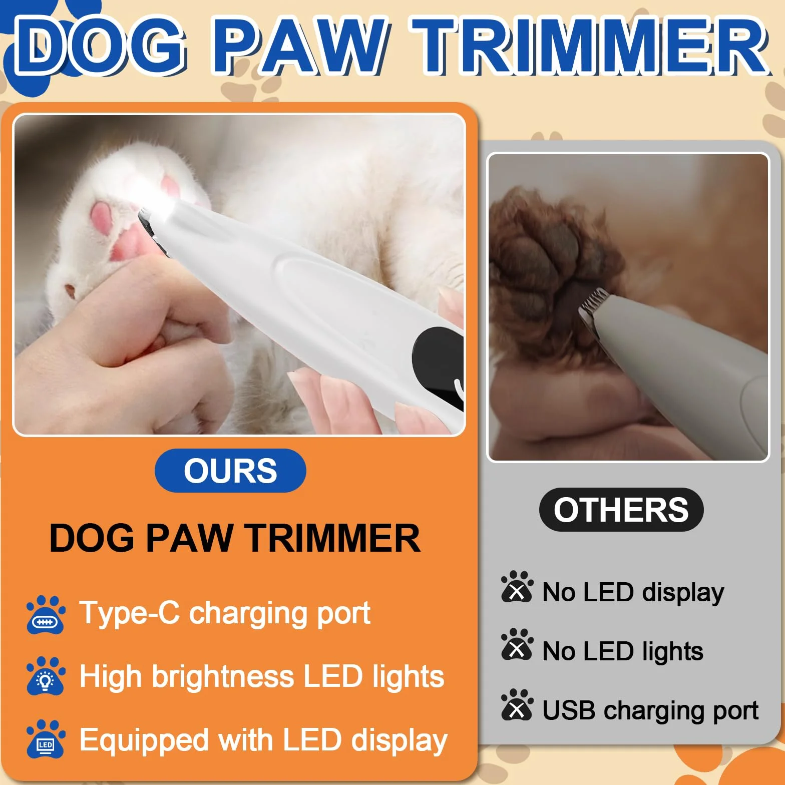 PawTrim Pro Maszynka do strzyżenia zwierząt domowych, z oświetleniem LED, do ładowania przez USB, cichy, z wyświetlaczem LED, dla psów, kotów, oczu, uszu, twarzy, ciała