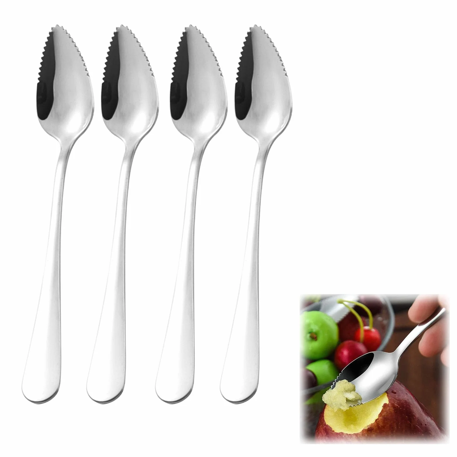 4PCS Kiwi Spoon,Łyżka Grejpfrutowa,Łyżeczka Z Ząbkami,Łyżeczka Ze Stali Nierdzewnej,Pożywienia Niemowląt Łyżka,Do Deserów,Owoców Ze Szlifem Falistym,Jabłek,Kiuiom
