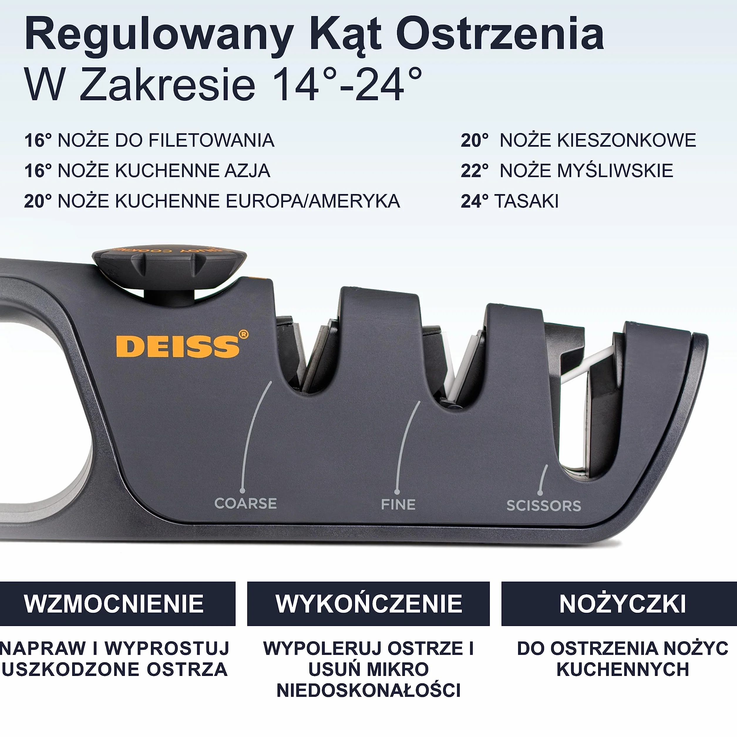 Ostrzałka do noży z regulowanym kątem ostrzenia Deiss PRO - Ręczne ostrzałki do noży kuchennych, ostrzałka do noży kuchennych, Ostrzałka do noży kieszonkowych - Naprawa, przywracanie