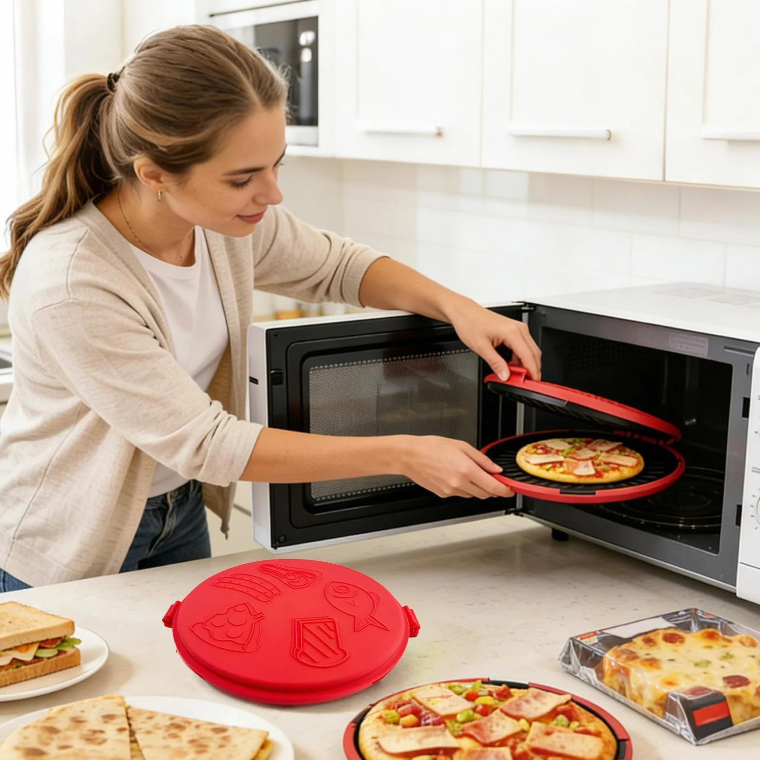 Patelnia grillowa do kuchenki mikrofalowej, płyta kuchenna, 1 szt., podstawa szybkiego nagrzewania do pizzy, taca z folią promienną, akcesoria do pieczenia, przybory przewodzące na śniadanie