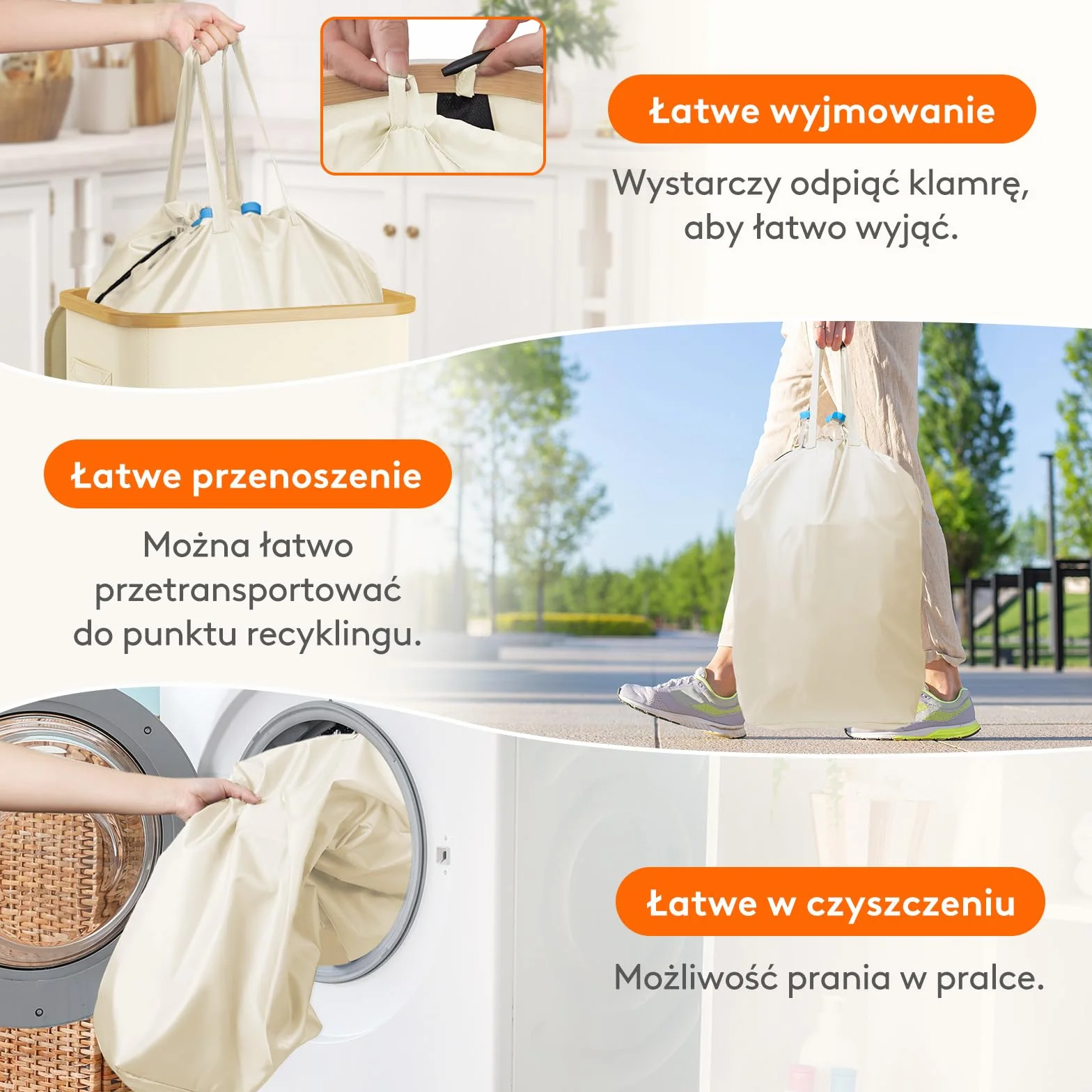 Lifewit Przenośny kosz na śmieci z recyklingu, szklany pojemnik na butelki z tworzywa sztucznego, duży bambusowy kosz na śmieci do Tris Selective, 100L, biały