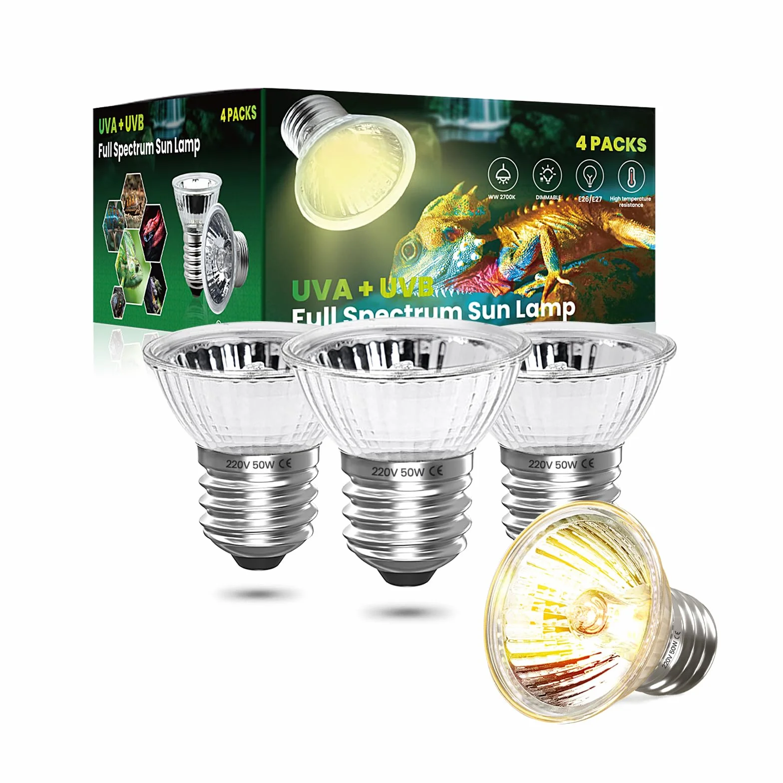 50W E27 UVB UVA Oświetlenie Grzewcze z Pełnym Spektrum dla Terrarium - Regulowana Żarówka 2700K Białe Ciepłe Światło dla Żółwi Lądowych (4 szt.) [Klasa energetyczna G]