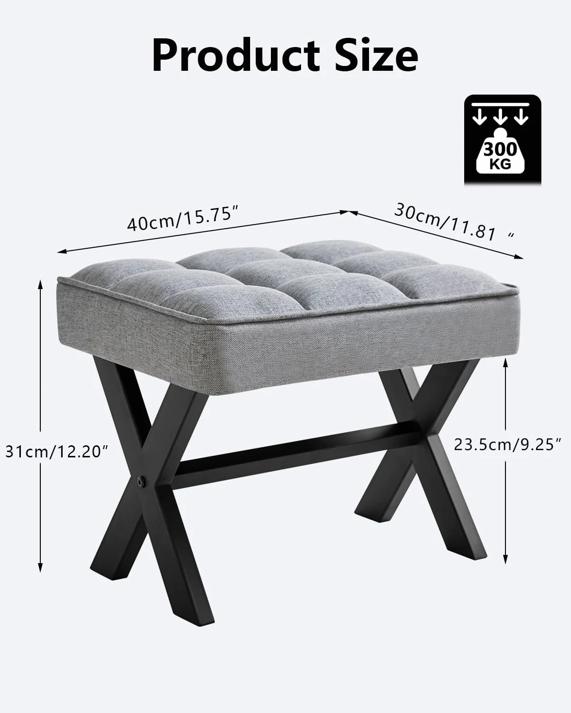 IBUYKE Mały podnóżek o wysokości 30 cm, kwadratowy lniany podnóżek z metalową nogą X, wielofunkcyjny jako mały stolik pomocniczy, stołek do salonu, sypialni, przedpokoju, biura, niebiesko-szary