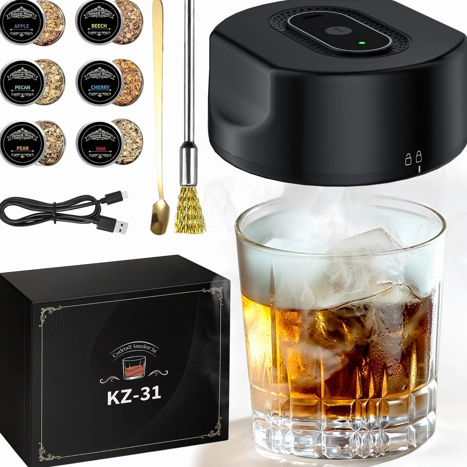 Elektryczny zestaw do wędzenia whisky z 6 drewnianymi chipami – nadaj swoim napojom i potrawom pyszną nutę dymu, prezent dla miłośników koktajli