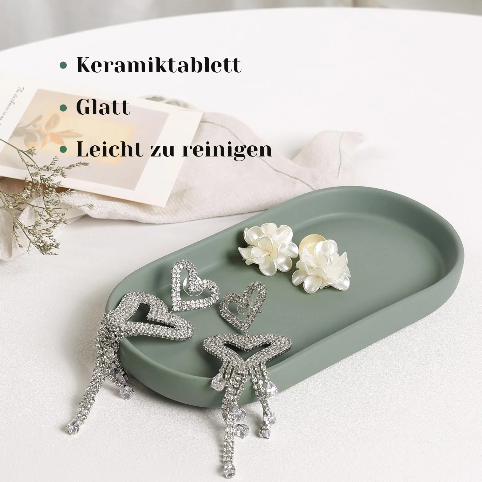 Łazienkowa taca dekoracyjna, ceramiczna taca dekoracyjna, mała owalna taca do toalety i umywalki, wanny, zlewu kuchennego - zielona