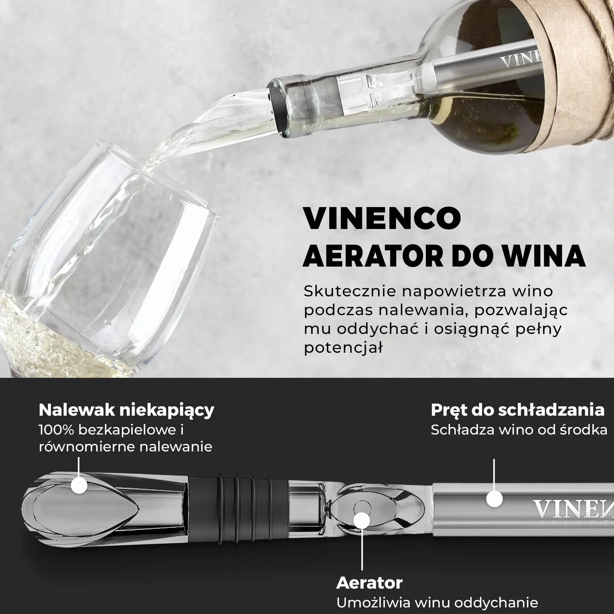 VINENCO Zestaw chłodzący do wina, zestaw chłodzący do butelek + dekanter 3 w 1 Premium akcesoria do chłodzenia wina: stal szlachetna lodówka do wina + napowietrzacz dekantacyjny + nalewak | prezent do