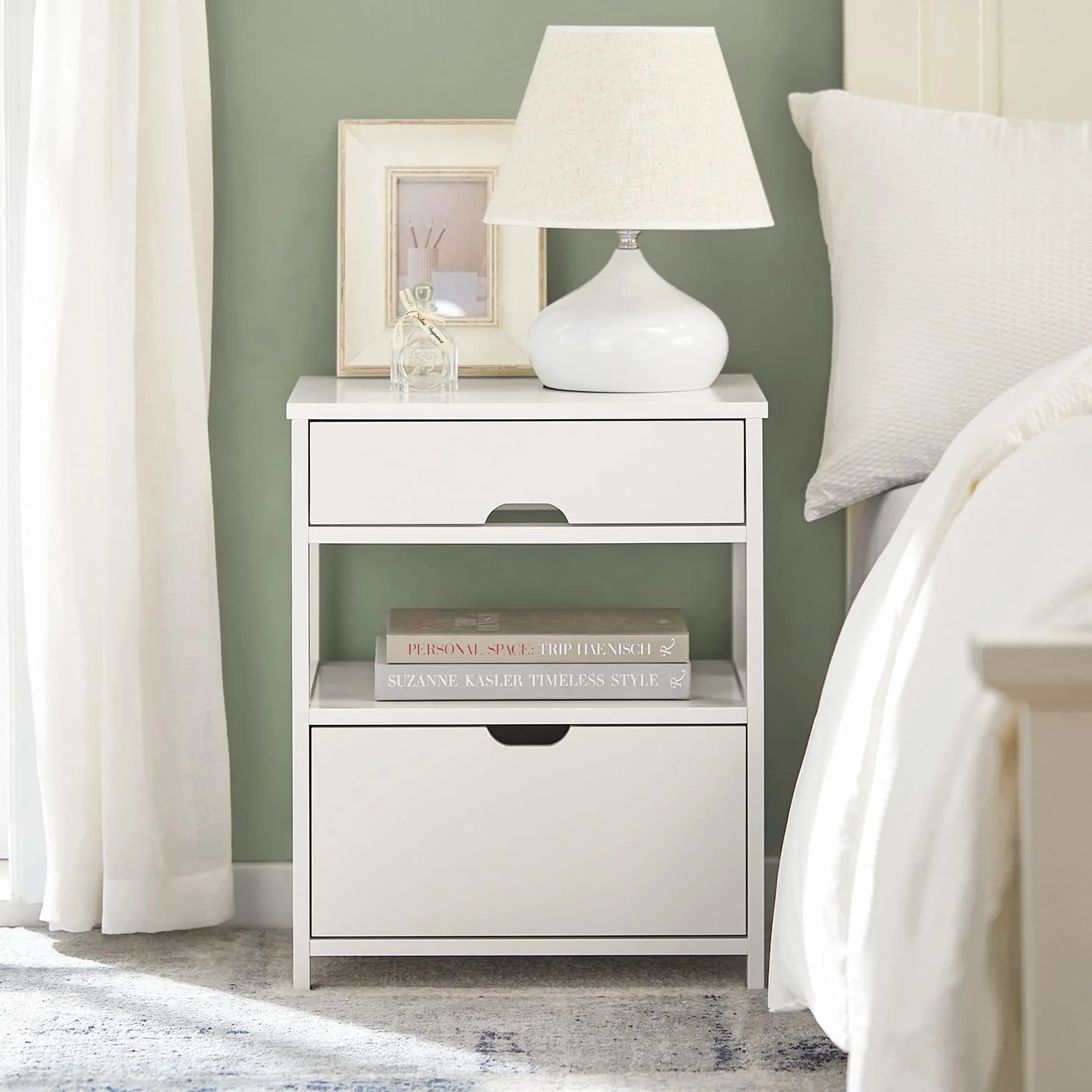 SoBuy Stolik Nocny z 2 Szufladami i Półką, Stoliczek do Sypialni - Nowoczesny Mebel do Przechowywania S45 x G38 x W55 cm Biały FRG258-II-W
