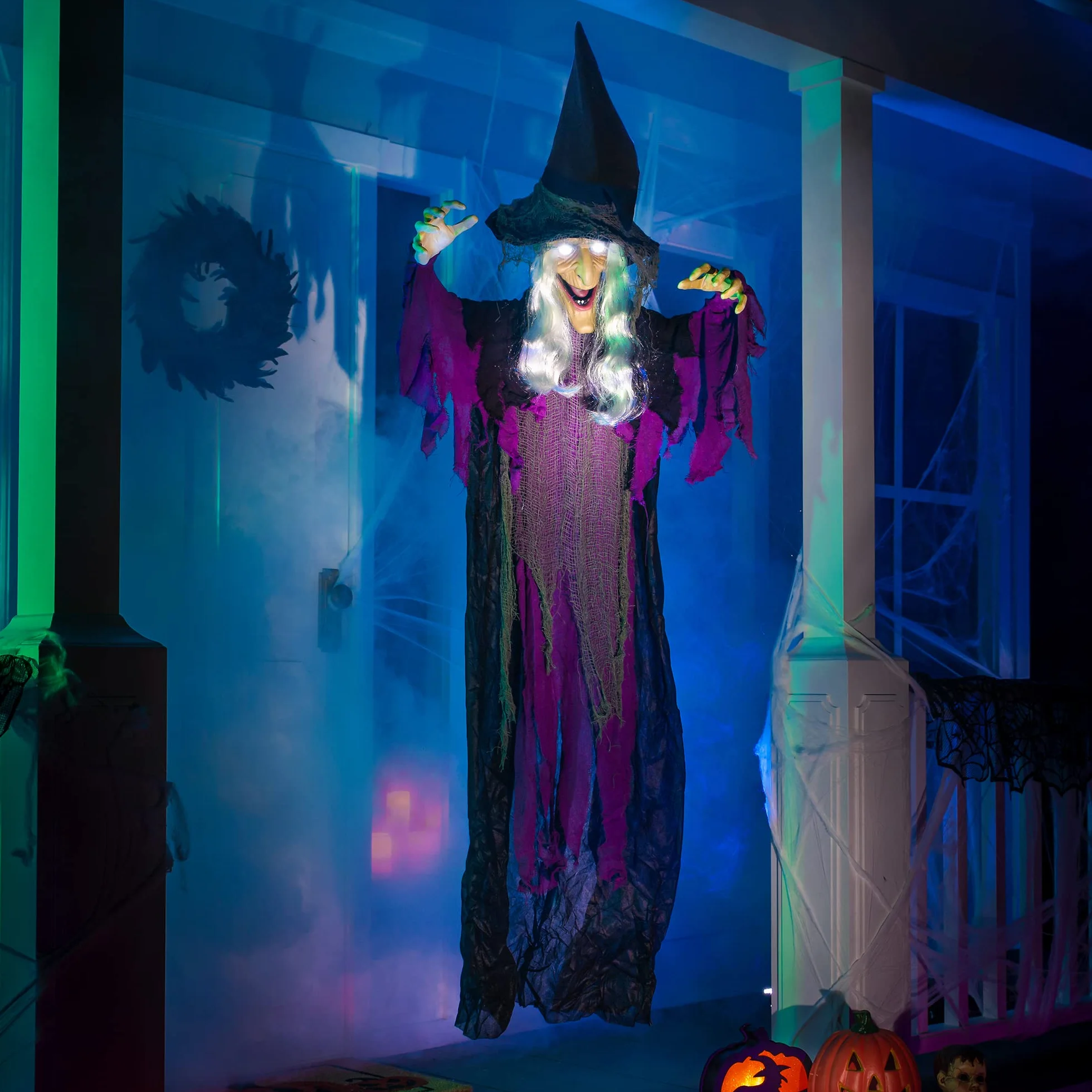 Wisząca animowana dekoracja w postaci mówiącej czarownicy, ze świecącymi oczami i funkcją aktywacji dźwiękiem, na Halloween, do nawiedzonego domu, na zewnątrz, do wewnątrz, 182,9 cm, kolor niebieski