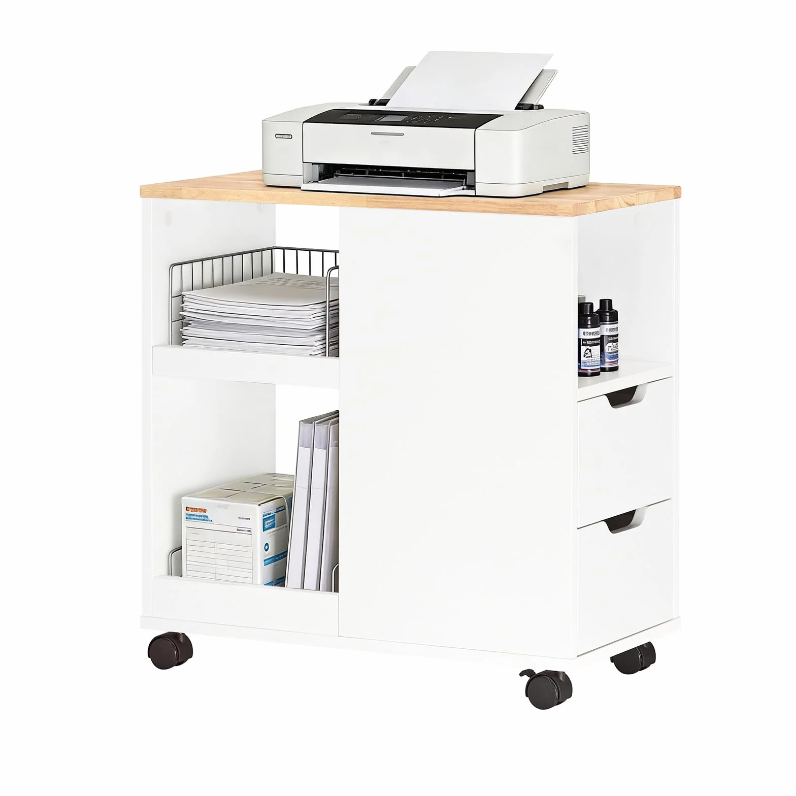SoBuy Stojak na drukarkę z kółkami – Mobilny stół pod drukarkę i szafka biurowa do biura i Home Office, z szufladami i półkami, B60 x D30 x H60 cm, FBT130-WN