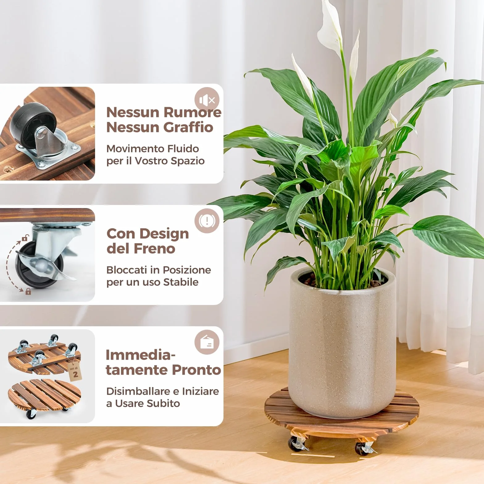 Bamworld Drewniany pojemnik na rośliny z kółkami 35 cm, wytrzymały wózek na rośliny o udźwigu 109 kg, kółka zamykane 360°, do dużych doniczek, ciężkich przedmiotów, idealny do użytku wewnątrz i na