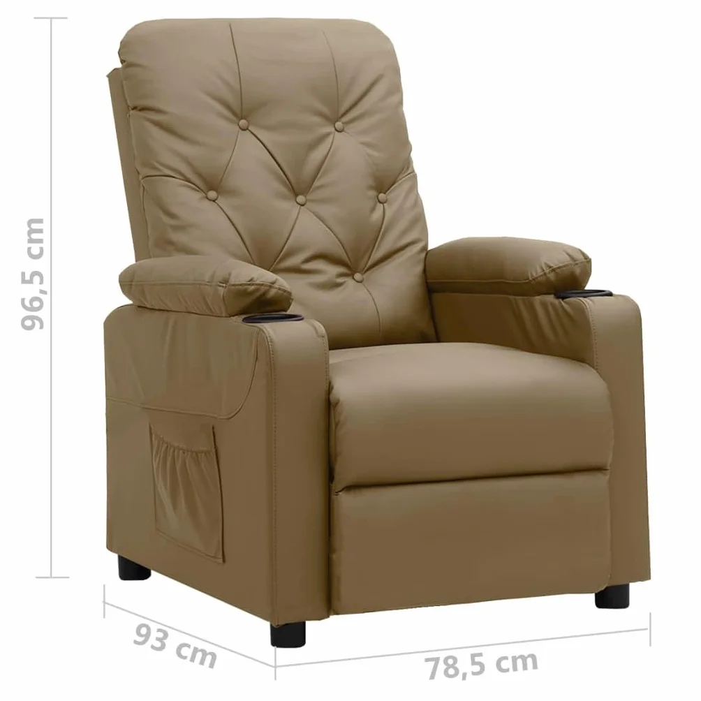 Fotel relaksacyjny Cappuccino-brązowy sztuczna skóra z regulowanym oparciem i podnóżkiem, stabilna rama drewniana i metalowa, ergonomiczny, wygodny fotel do salonu i kącika do czytania