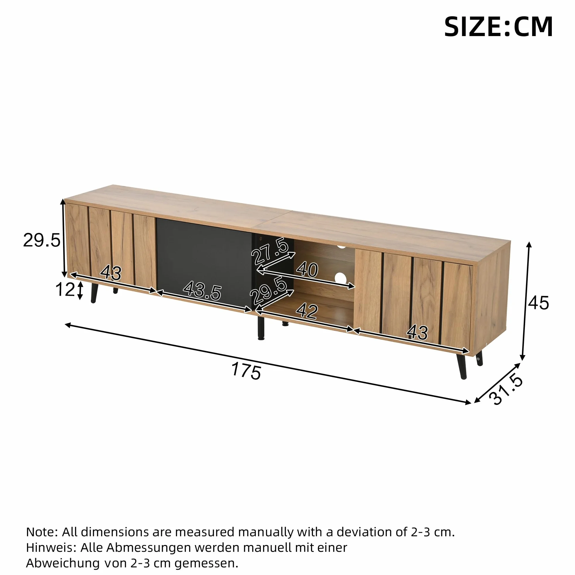 175 x 31,5 x 45 cm szafka pod telewizor do salonu, szafka TV z 3 szafkami, prosta szafka do salonu z oryginalnym kolorem drewna + czarny splot, pasuje do telewizorów o przekątnej ekranu 75"