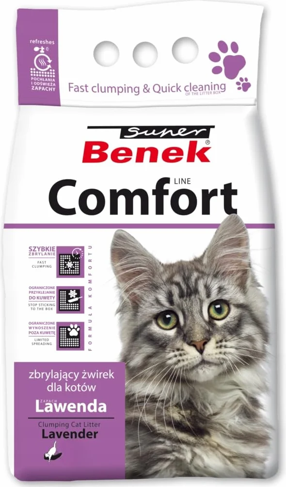 Super Benek Comfort Żwirek Bentonitowy Dla Kotów 10L 8kg Płaskie Bryłki Zapach Lawendowy