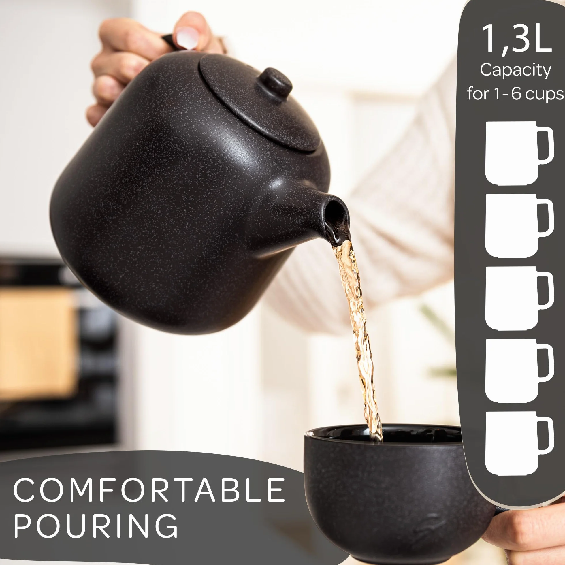 STEINZEIT Designerski dzbanek do herbaty z podgrzewaczem (1,3 l) – z sitkiem ze stali nierdzewnej 304 – ceramiczny z unikalną glazurą wyjmowany z sitkiem, czarny