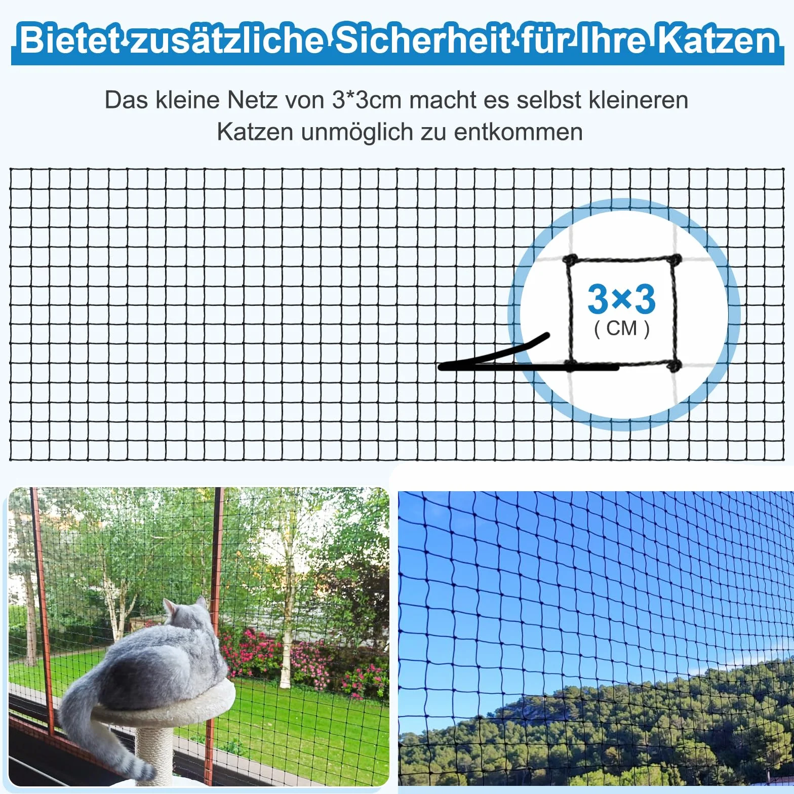 Aystkniet Siatka dla kota na balkon, 2 x 3 m, wzmocniona drutem, z linką mocującą, gwoździe, opaski kablowe, odporna na ugryzienia i rozerwanie, odporna na działanie promieni UV, siatka chroniąca