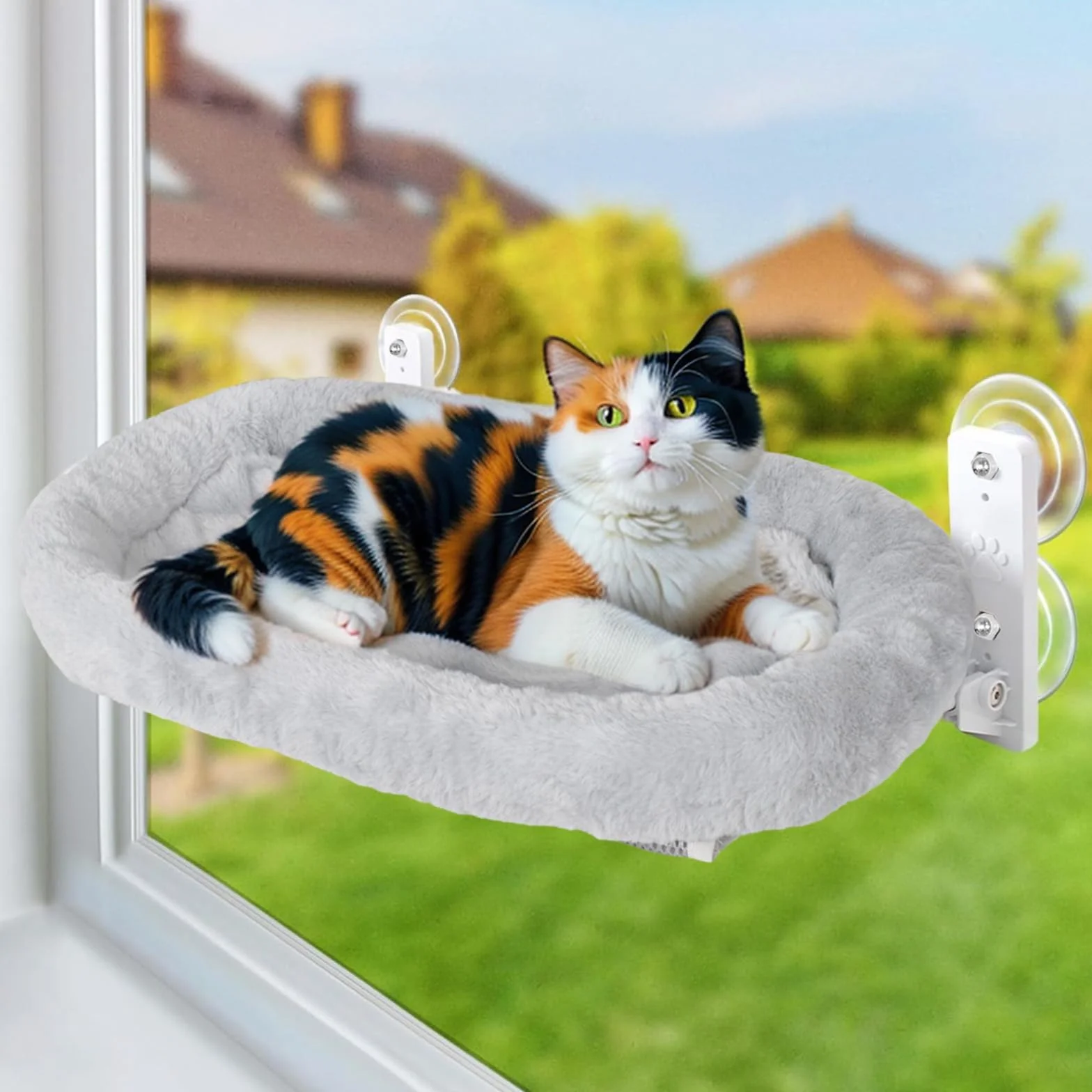 Hamak okienny dla kota z matą, stabilna żerdź, do 15 kg, 52 x 30 cm, szary