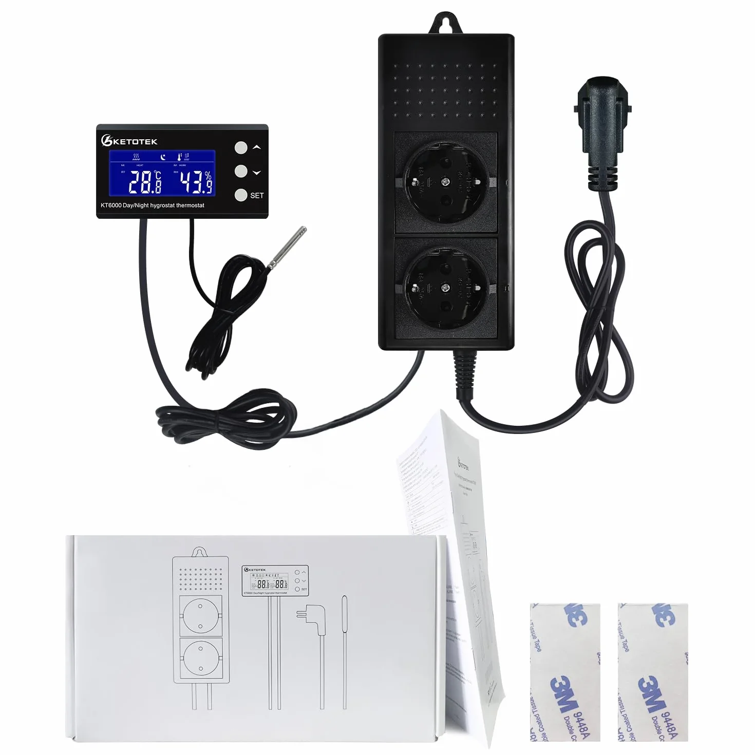 KETOTEK Termostat gniazdko z higrostatem cyfrowym z programatorem czasowym w dzień/noc, regulator temperatury, regulator wilgotności, gniazdko z czujnikiem 230 V, regulator temperatury i wilgotności