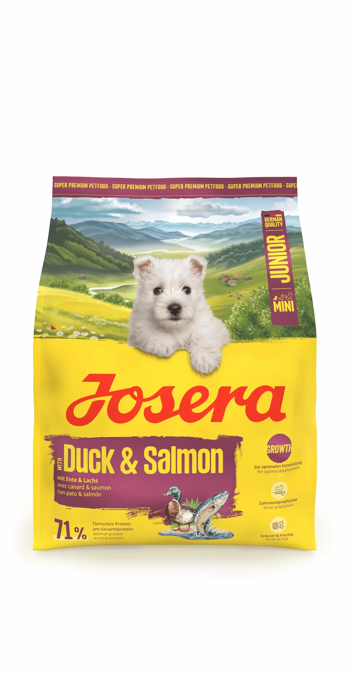 JOSERA Mini Junior kaczka i łosoś (1 x 900 g) | sucha karma premium dla rosnących psów do 10 kg od 6. tygodnia | karma dla szczeniaków dla optymalnego rozwoju | małe krokiety | bezglutenowa | 1