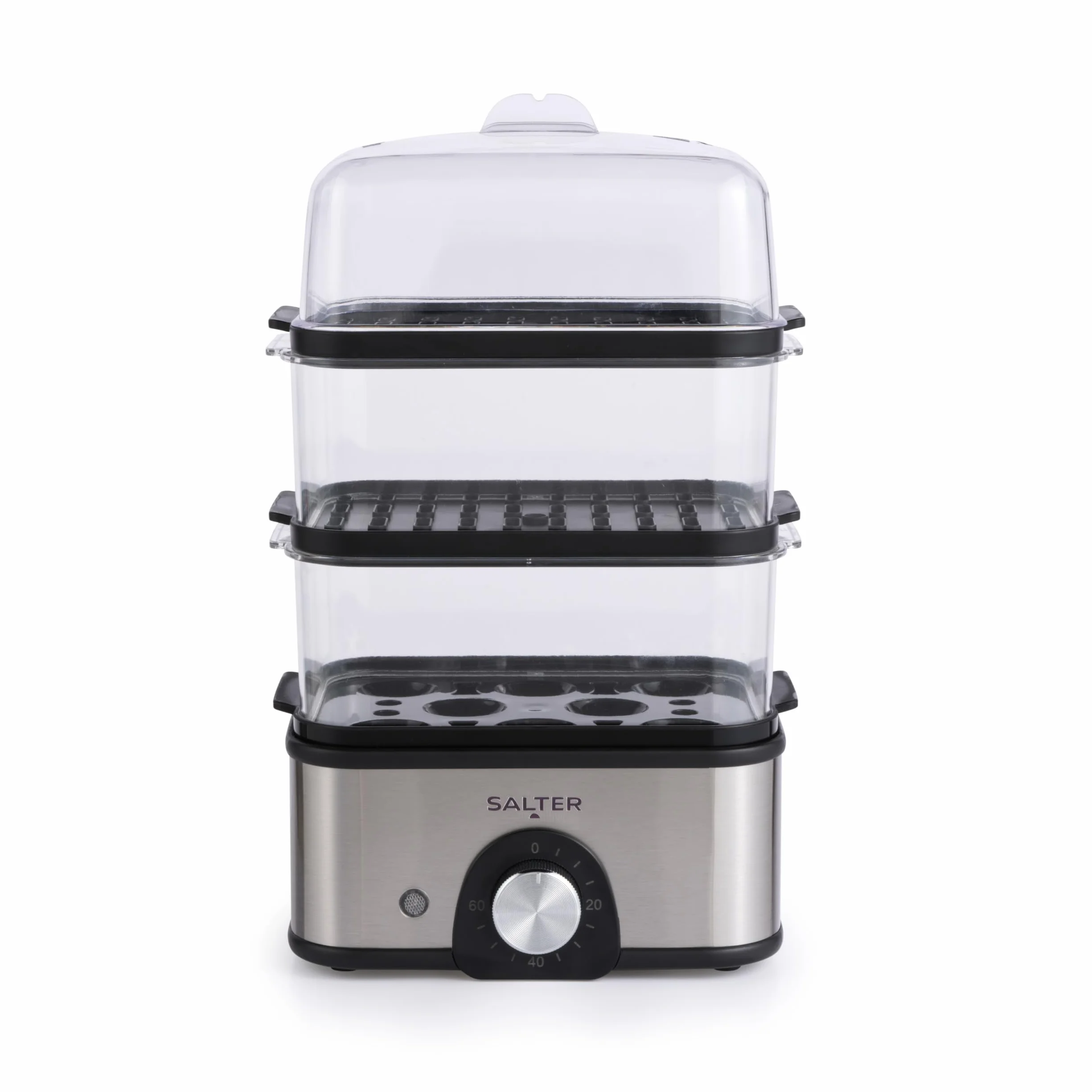 Parowar 3-poziomowy Salter – kompaktowy multicooker, 3 kosze do gotowania na parze, elektryczny jajowar, pojemność na 8 jajek, timer do 60 minut, pojemność 3L, moc 500W