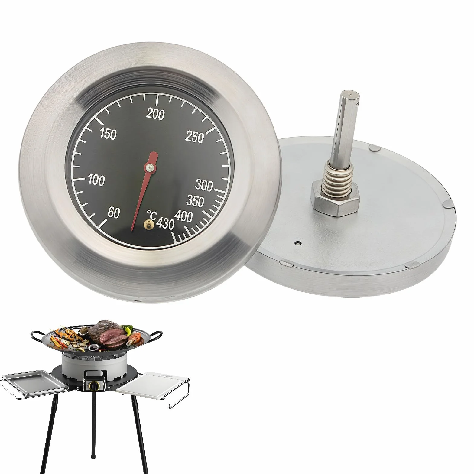 Termometr do grilla ze stali nierdzewnej, do grilla gazowego, 60-430°C, termometr grillowy, termometr do grilla, termometr piecowy, do wszystkich grillów na węgiel drzewny, pieca, pieca, pieca