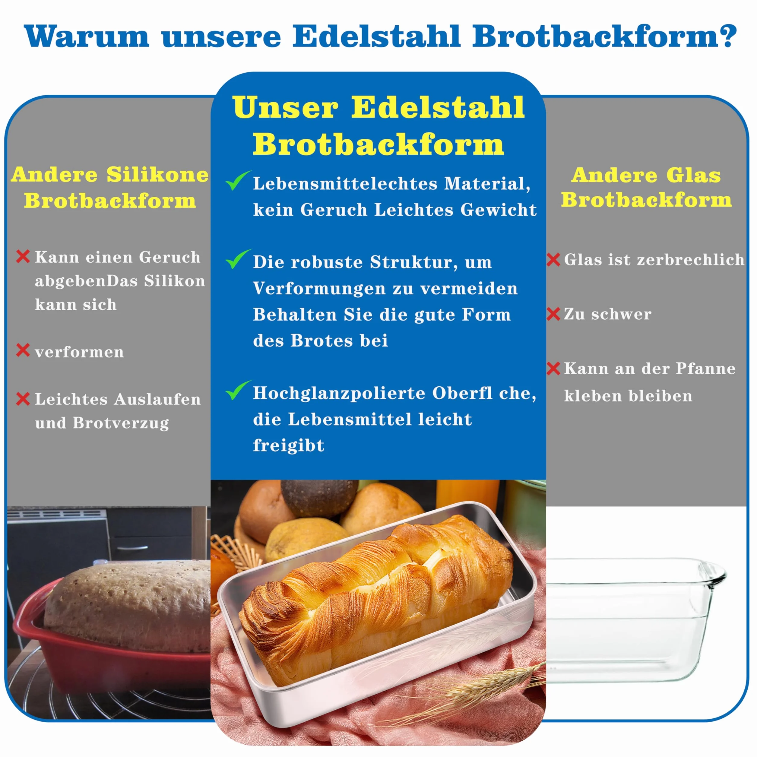 Homikit Foremka do chleba ze stali nierdzewnej, duża, prostokątna, do chleba i tostów o grubości 7,6 cm, zdrowa i nietoksyczna, nadaje się do mycia w zmywarce