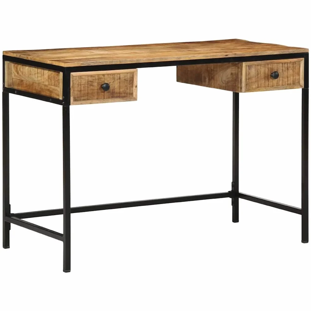 Rustykalne biurko z litego drewna mango z metalową ramą, brązowe 105 x 50 x 75 cm, do sypialni lub gabinetu, z praktycznymi przegródkami na przybory piśmiennicze