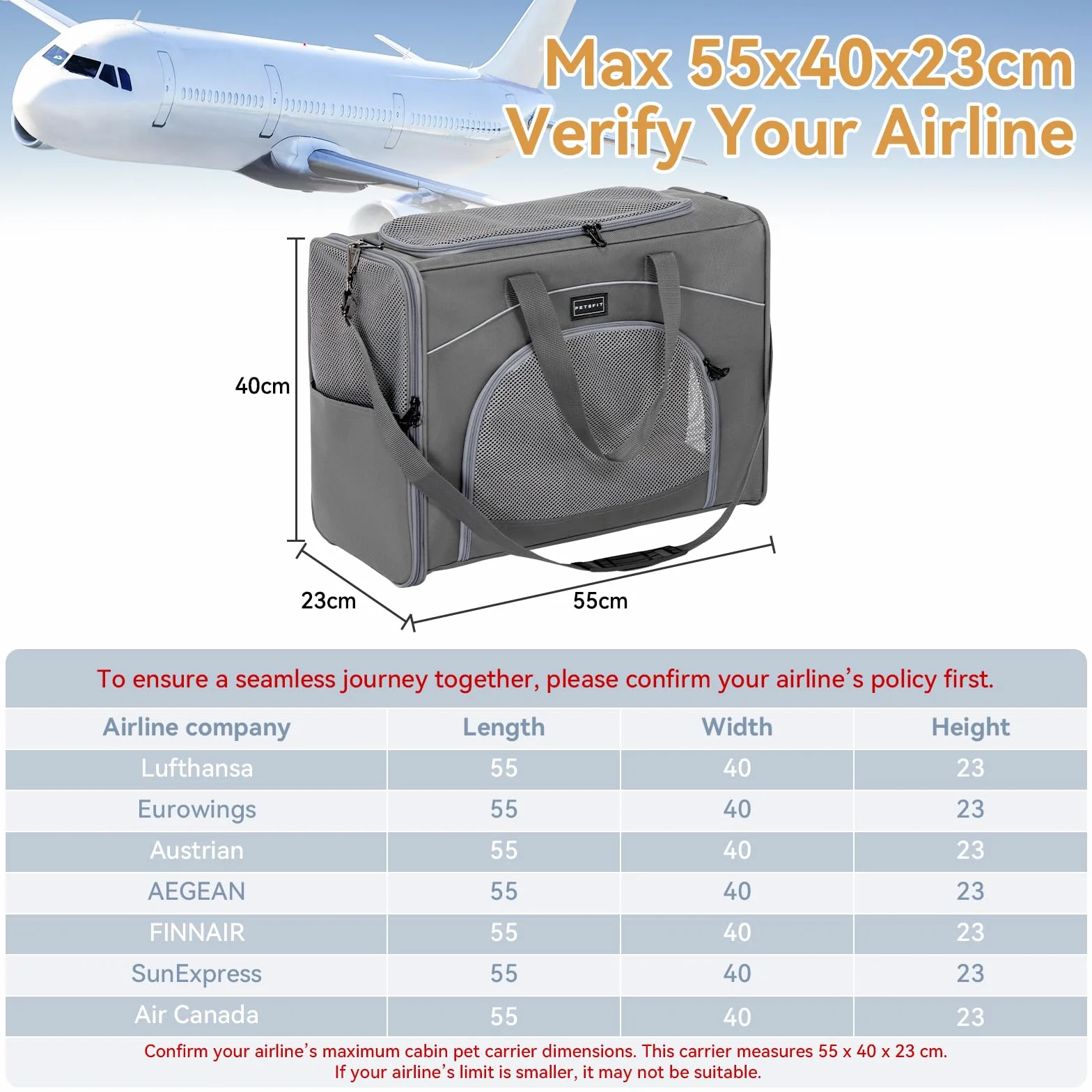 Petsfit Torba transportowa dla psa 55x40x23 cm L szara