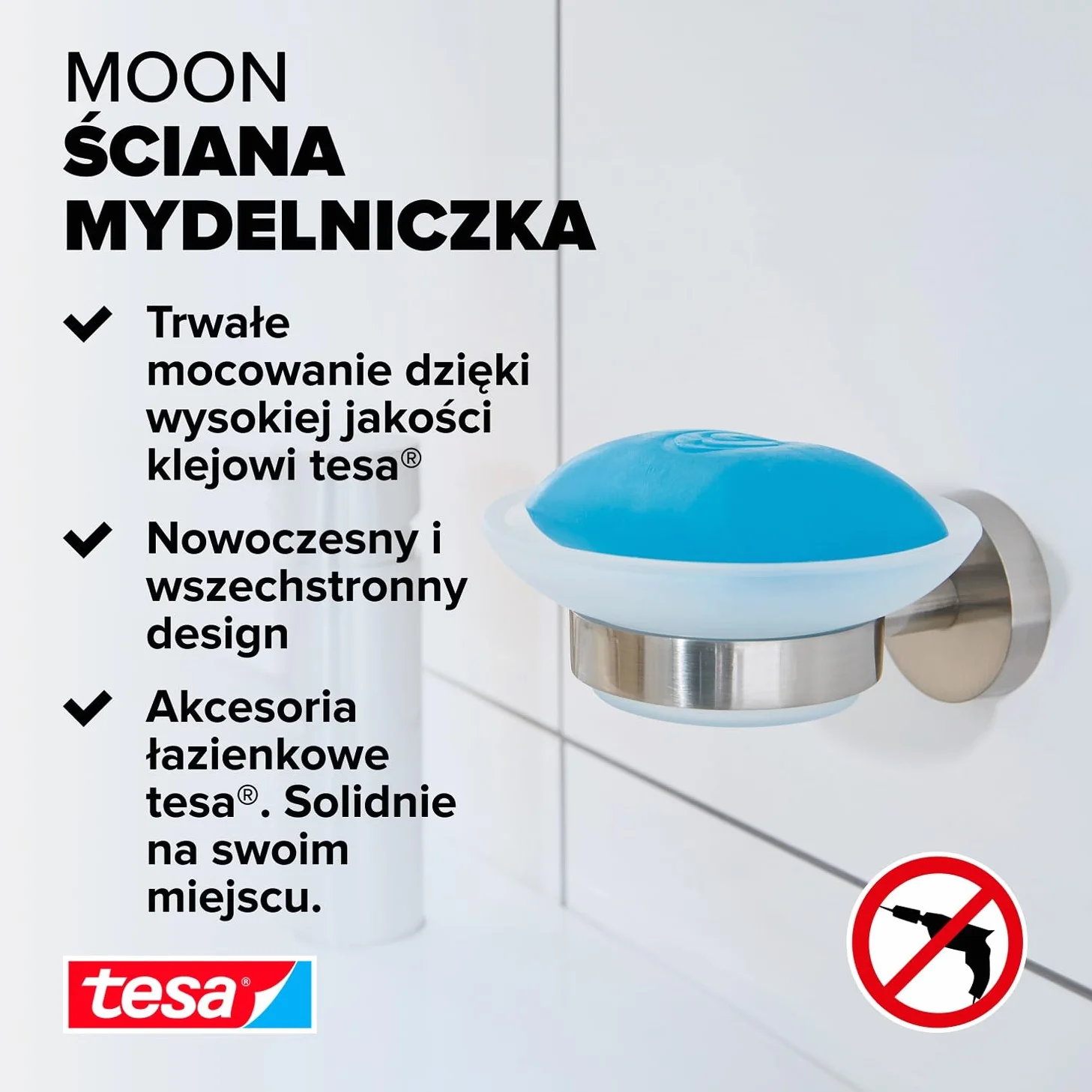 Mydelniczka tesa Moon, design stali nierdzewnej, samoprzylepna, wymiary 155 mm x 70 mm x 110 mm