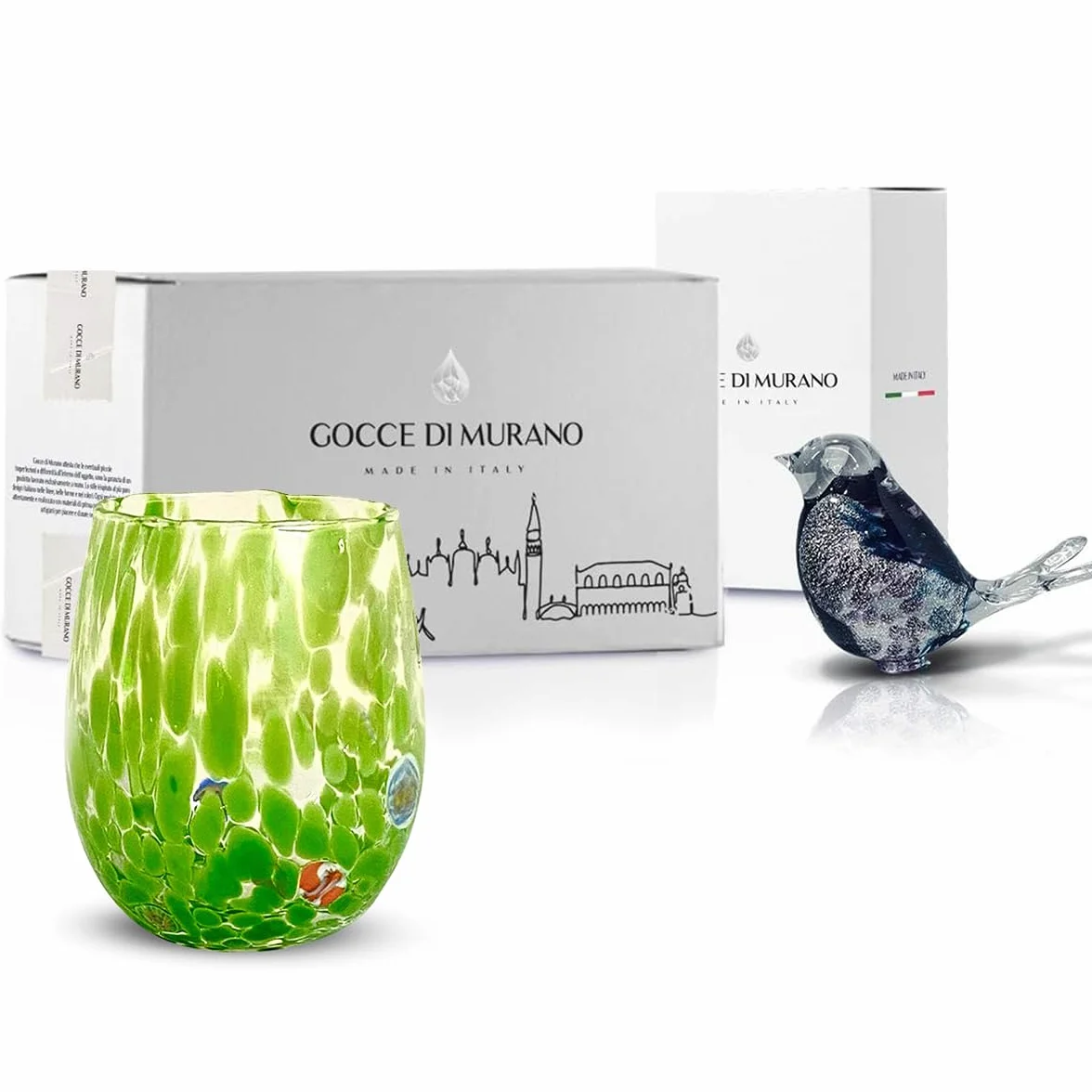 Gocce di Murano 6 szklanek na wodę przetwarzanych zgodnie z tradycją rzemieślników z Murano, dmuchany i ręcznie robiony kubek 300 ml - tęczowe szkło na wodę deszcz