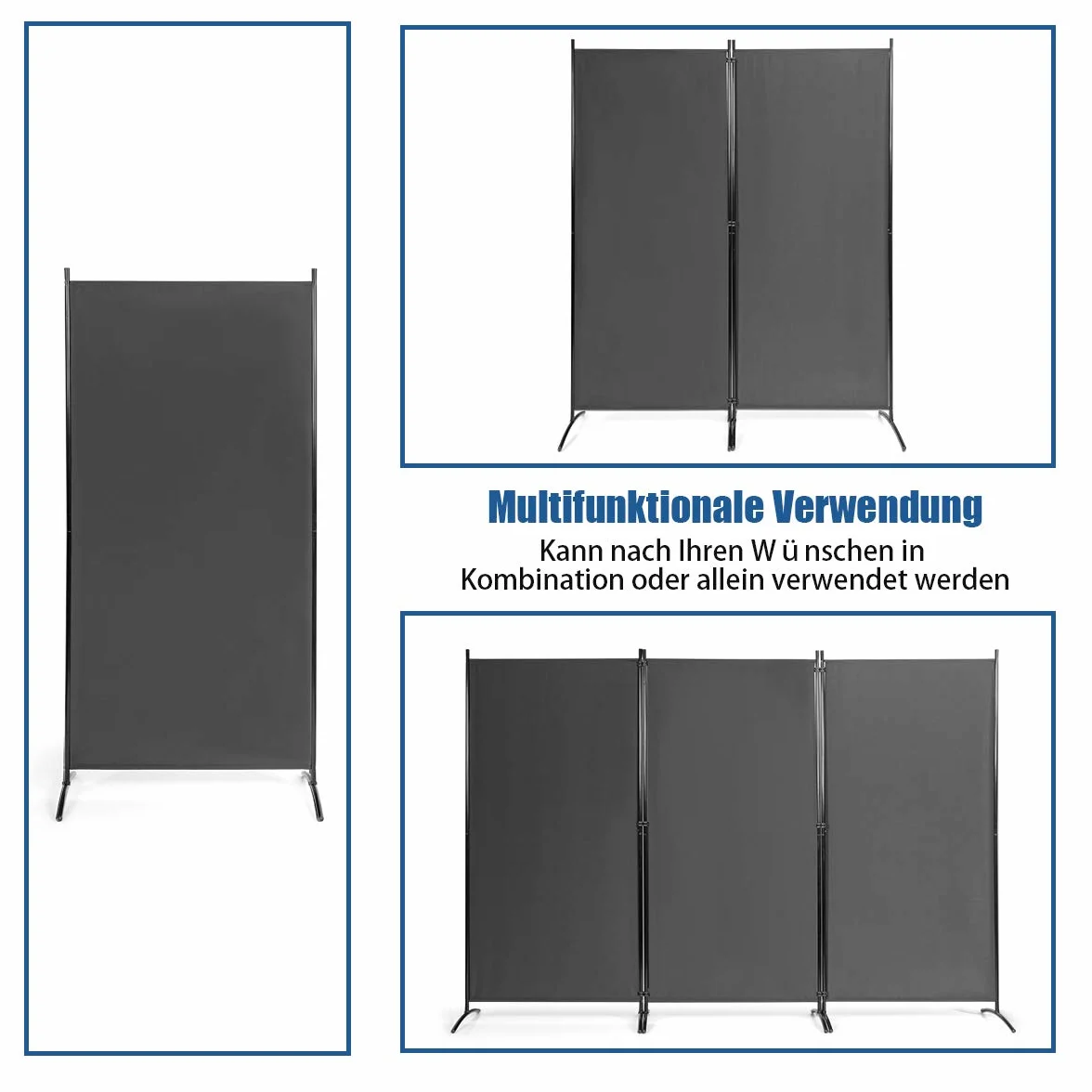 COSTWAY Parawan 260 x 183 cm, 3-częściowy składany, ścianka działowa z metalu i poliestru, ochrona przed wzrokiem, do domu, biura, na taras (kolor szary, 3-częściowy)
