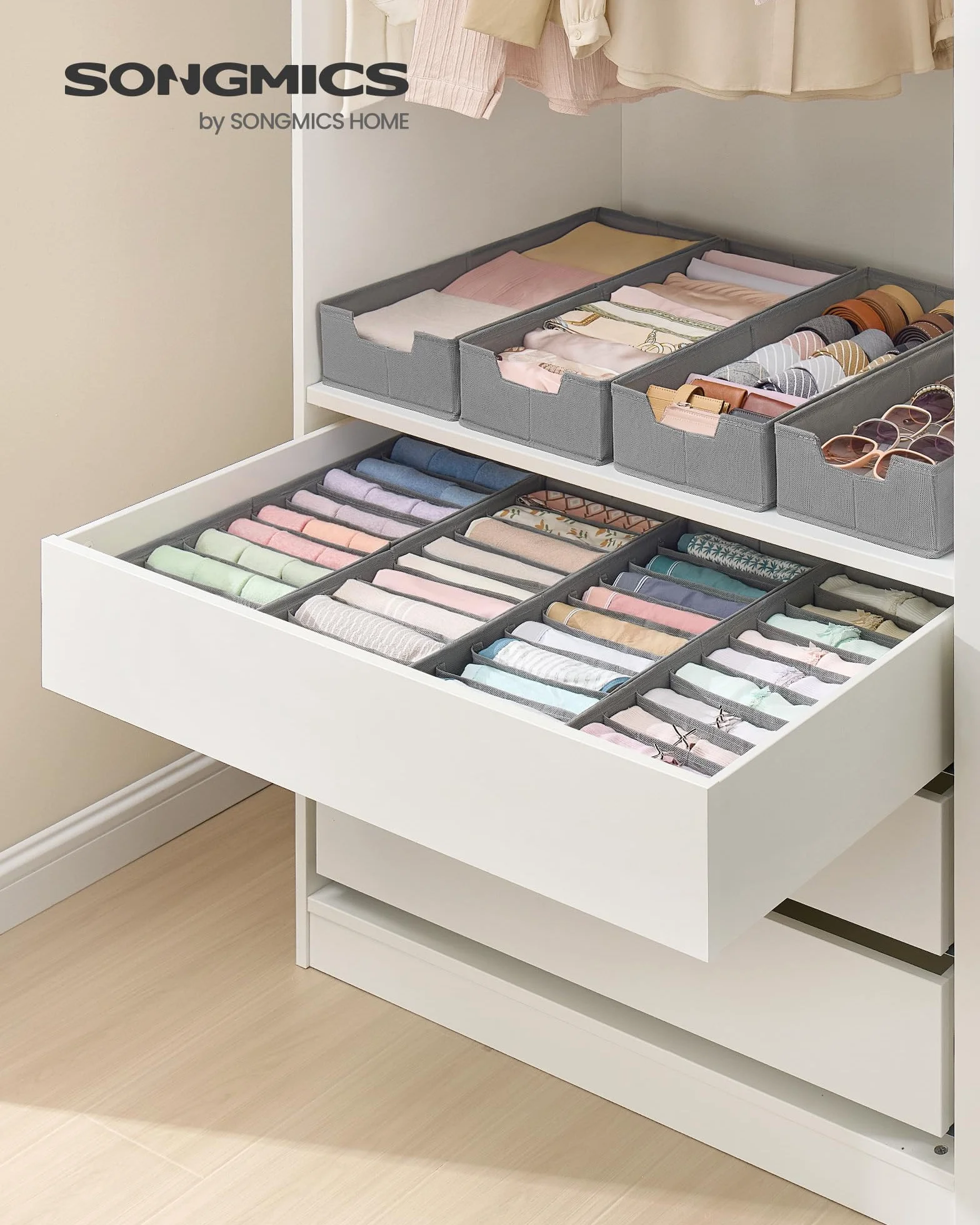 SONGMICS Zestaw 4 przegródek do szuflad IKEA PAX z separatorami, składanymi organizerami bielizny, 50 x 22 x 10 cm, szary taupe RUS015G01