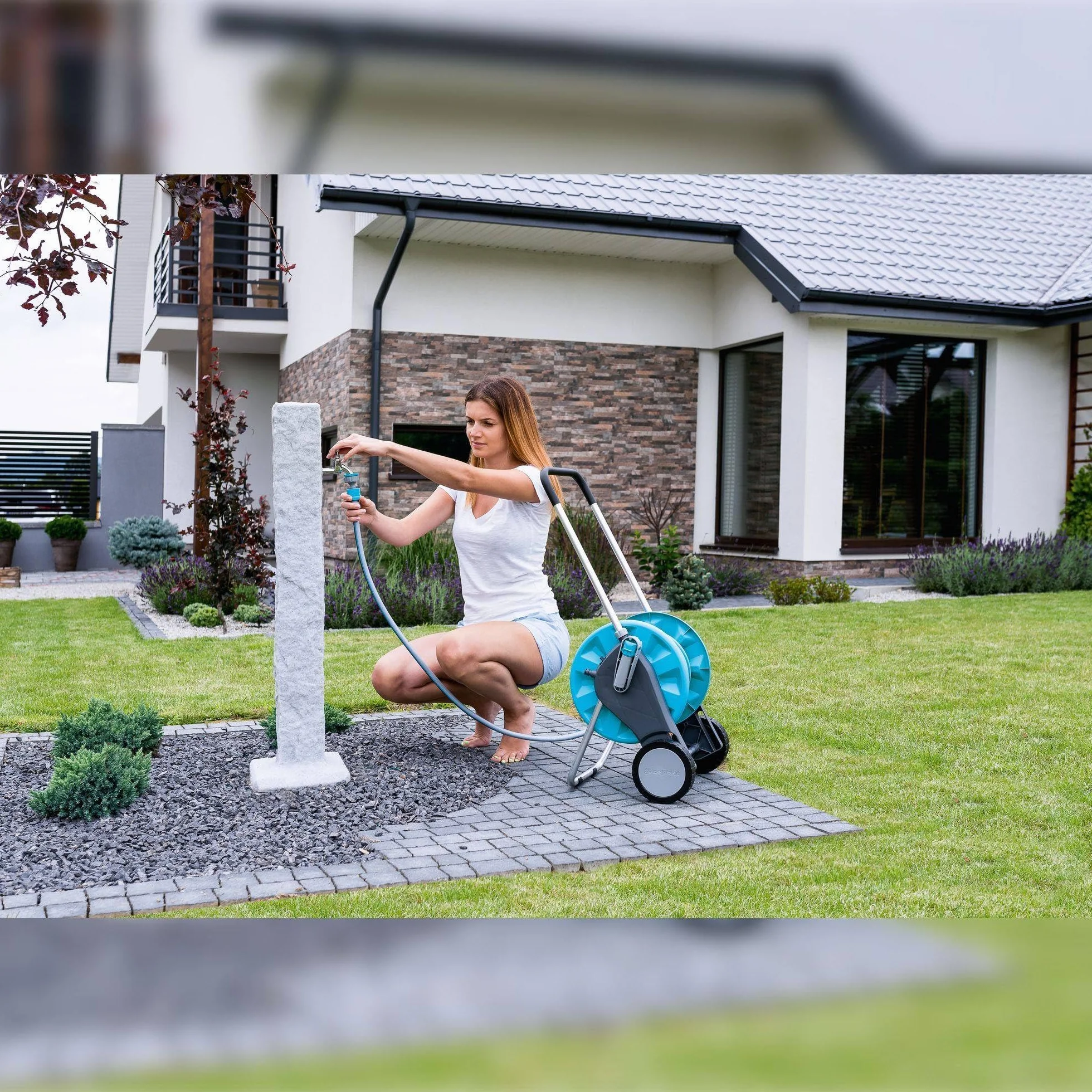 Cellfast Wózek na Wąż Ogrodowy 1/2" 60 m Discover - Regulowana Wysokość Rączki - Gumowany Uchwyt - Wytrzymały i Stabilny