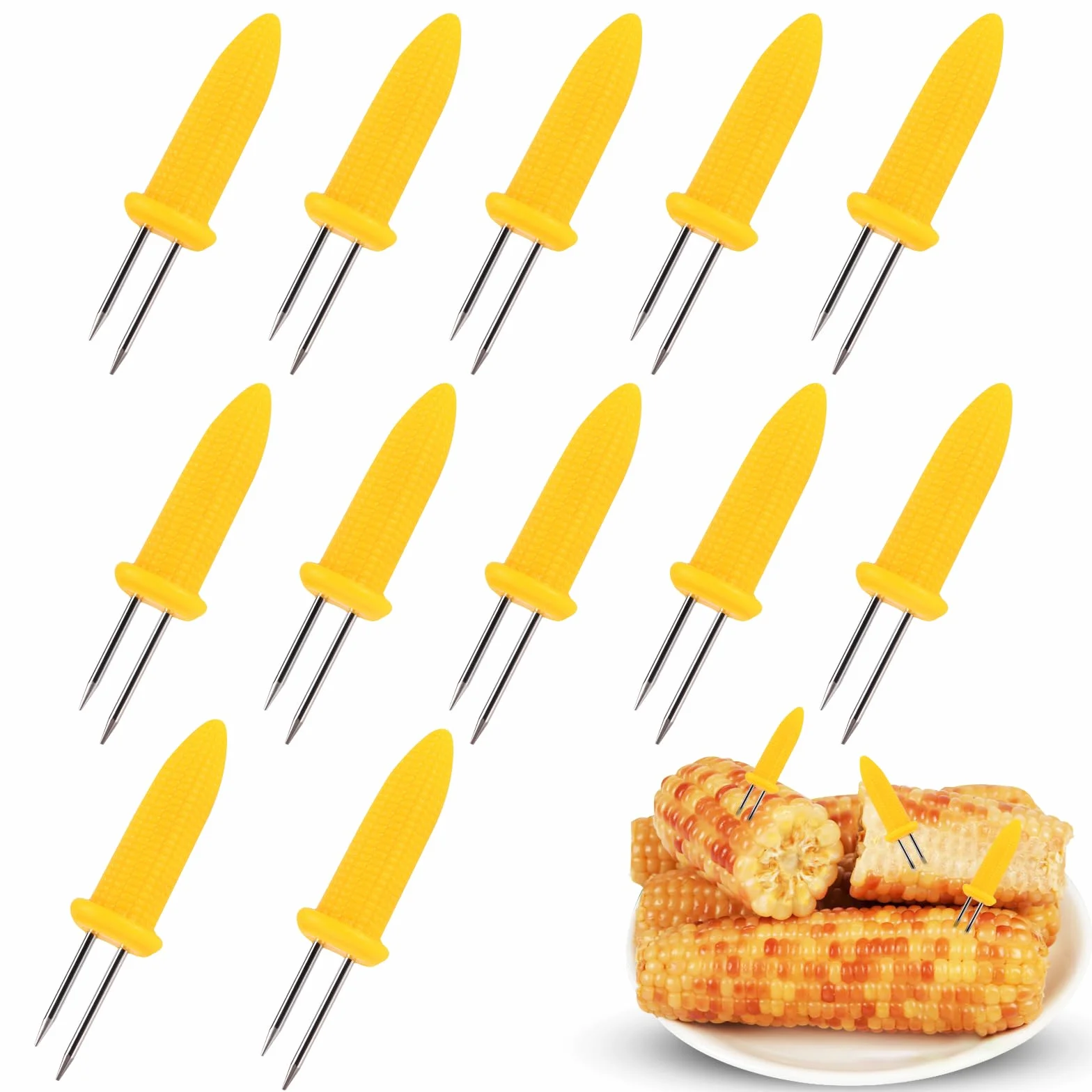 OFFCUP 12 szt. uchwytów do kukurydzy ze stali nierdzewnej, kolbach na szpikulce, kreatywne widelce do kolby kukurydzy z uchwytem PP, na grill, kemping, piknik