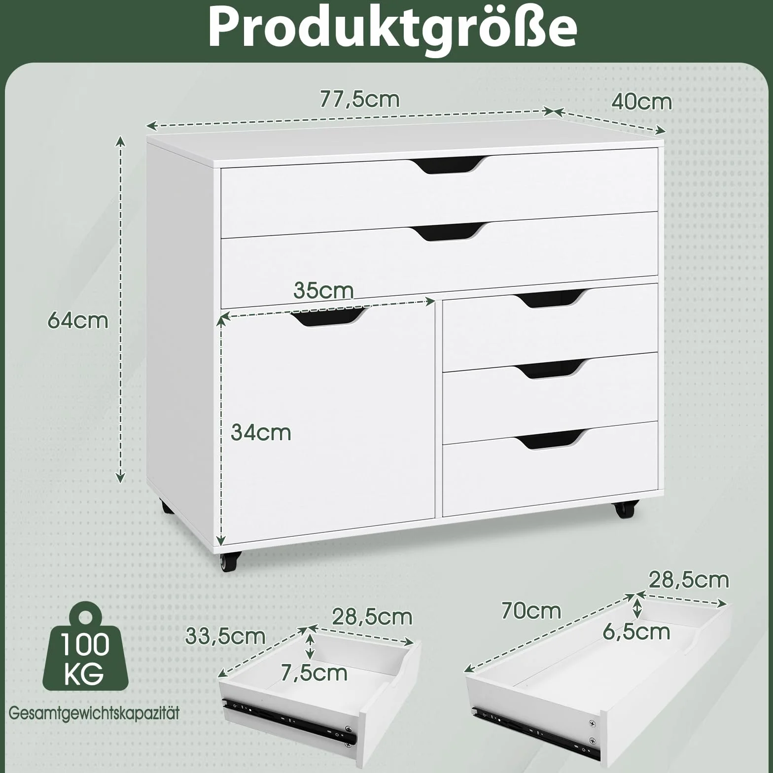 COSTWAY Kontener na kółkach z 5 szufladami i szafką, mobilna szafka na dokumenty z kółkami, szafka z szufladami z blatem roboczym, wózek na kółkach, kontener biurowy z drewna, do domu, biura, biały