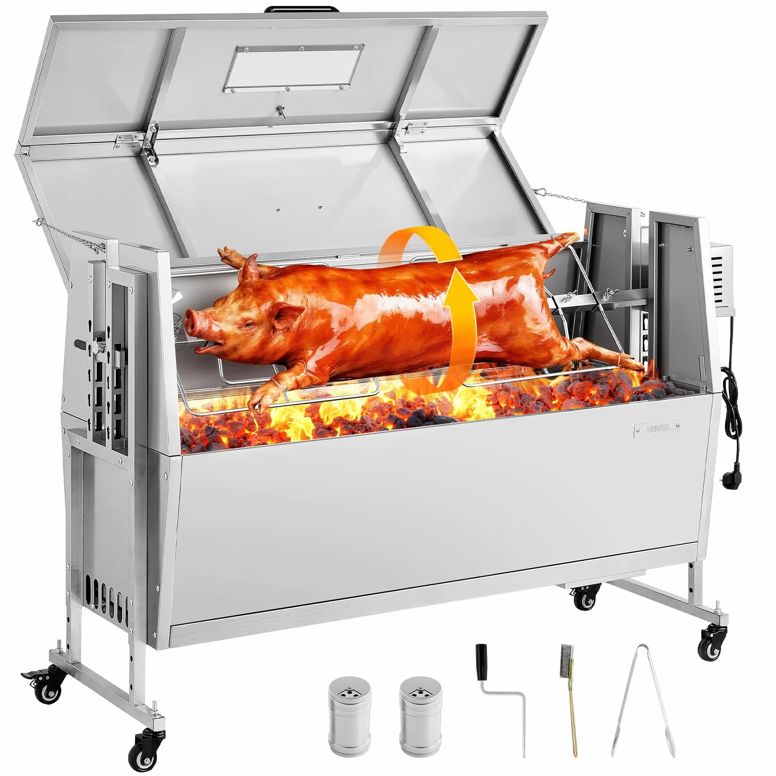 VEVOR Grill do rożna, 117 cm, grill na zewnątrz dla świni i jagnięciny, palarnia na węgiel drzewny o pojemności 59 kg, kółka i 4-poziomowa wysokość, zestaw do grillowania rożna ze stali nierdzewnej