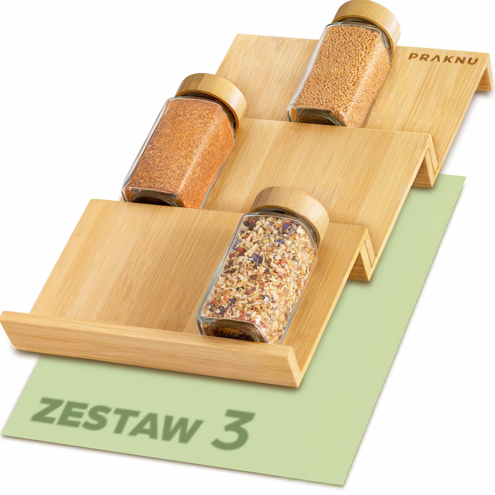 Stojak na Przyprawy do Szuflady Bambusa FSC® - na 12 słoiczki z przyprawami (19 x 13 x 3 cm) - z matą antypoślizgową - 3 tier, organizer na przyprawy