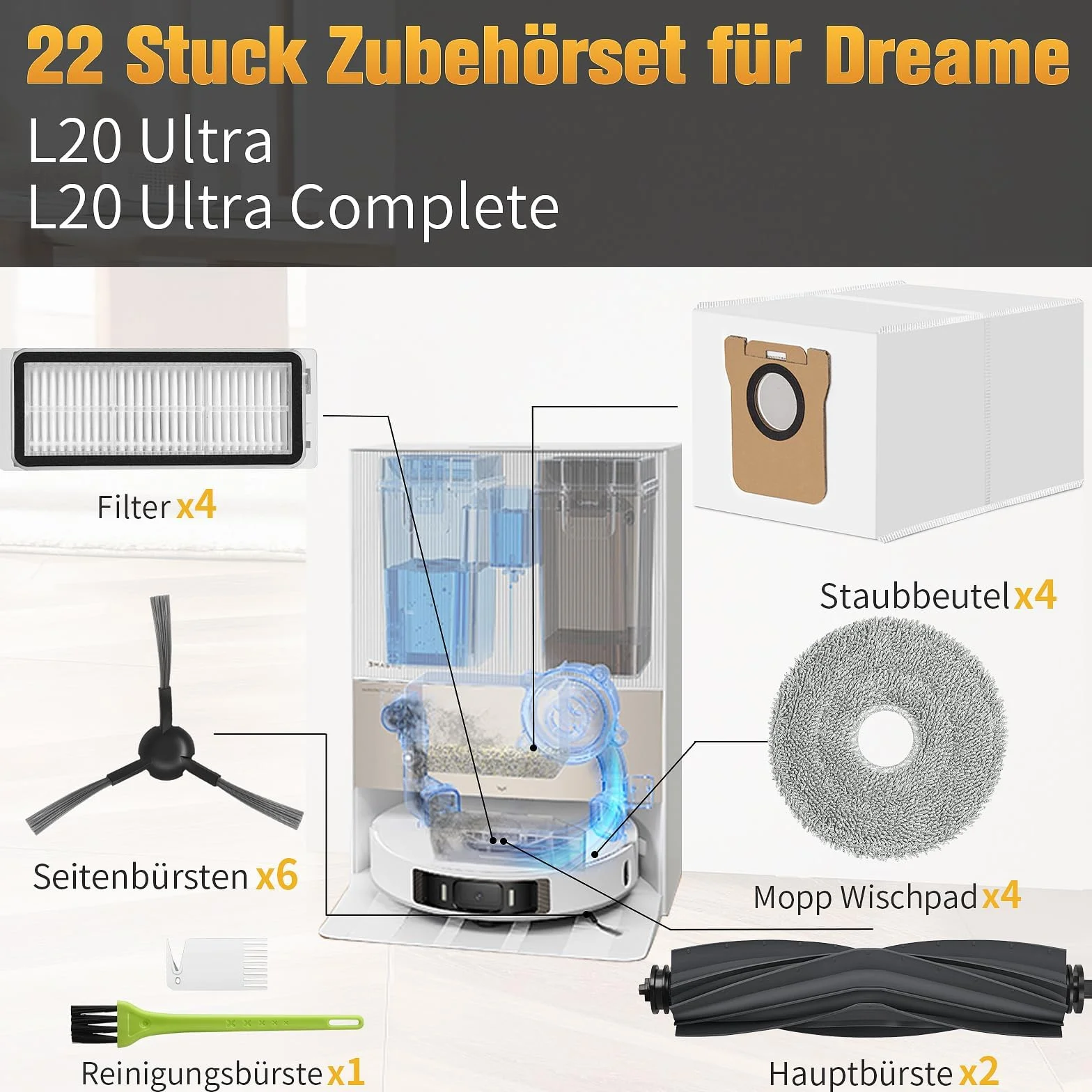 L20 Ultra akcesoria do Dreame L20 Ultra Complete / L20 Ultra części zamienne, zestaw akcesoriów z 2 głównymi szczotkami, 4 workami do kurzu, 6 bocznymi szczotkami, 4 ściereczkami, 4 filtrami