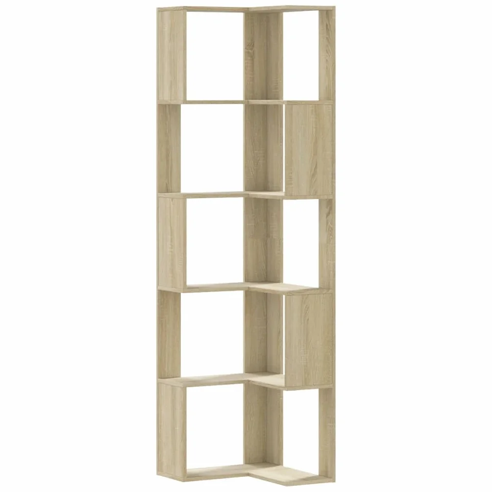 Narożny regał na książki, 5 półek, dąb sonoma, dekoracyjny regał biurowy do hotelu, 50 x 50 x 179 cm, materiał drewnopochodny