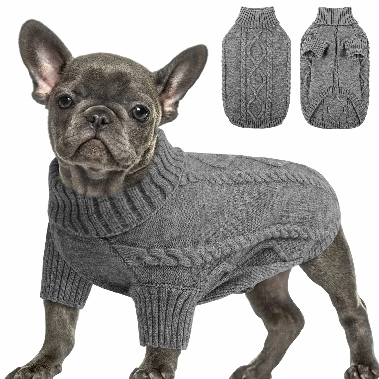 Queenmore Dzianinowy Sweter Golf dla Psa Średni Rozmiar Jamnik Chihuahua Yorkie, Ciemnoszary, M