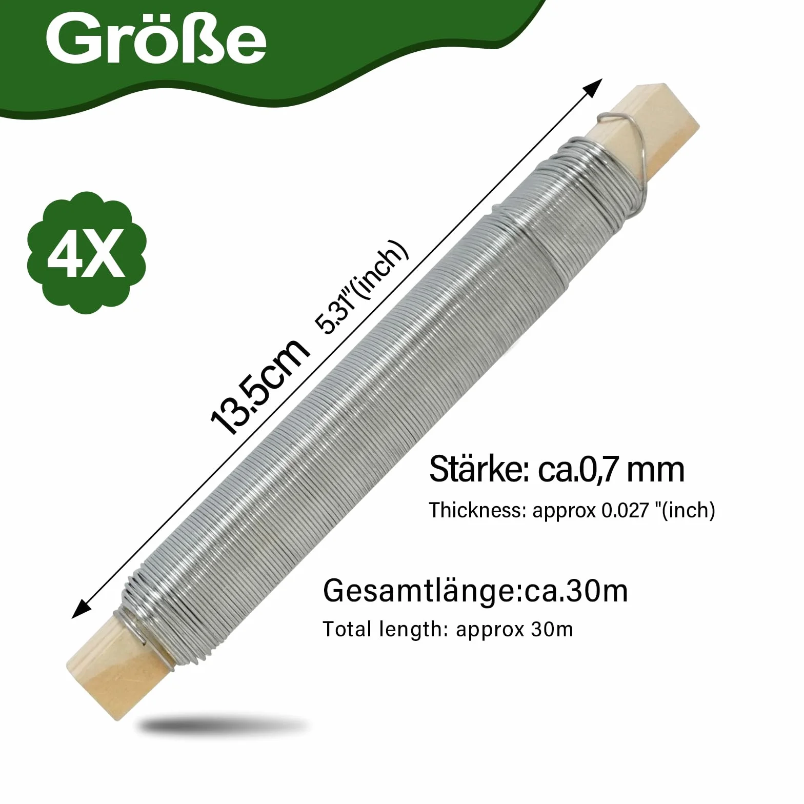 4 szt. srebrny drut owijany, drut wiążący, nierdzewny, ocynkowany, drut owijany, luźny drut na drewnianym nawijaniu, grubość 0,7 mm, każdy 30 m100 g, nadaje się do wiązania wieńca adwentowego z