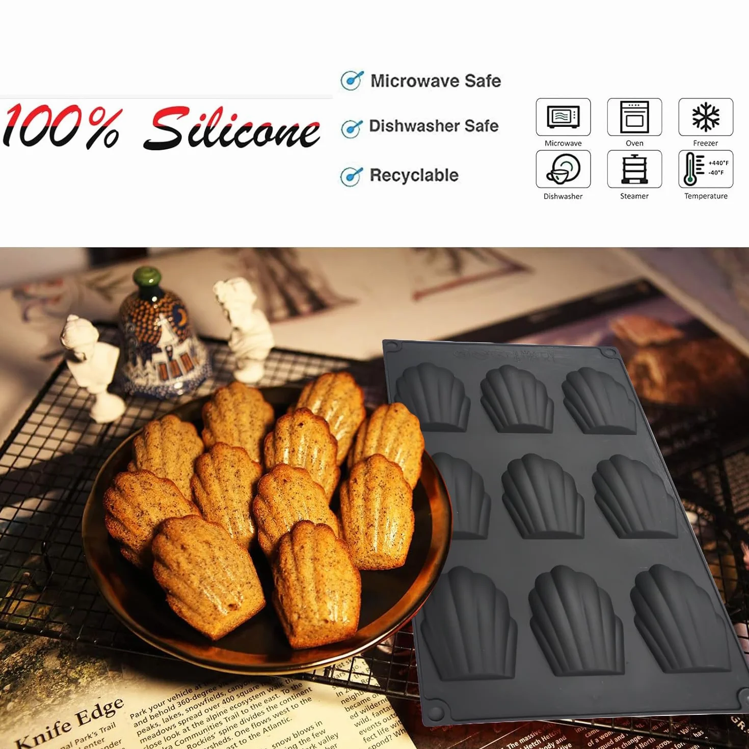 YXHZVON 2 sztuki formy do pieczenia Madeleine, silikonowe formy do Madeleines z 9 zagłębieniami, forma Madeleena do ciast, czekolady, słodyczy i ciasteczek (czarne)