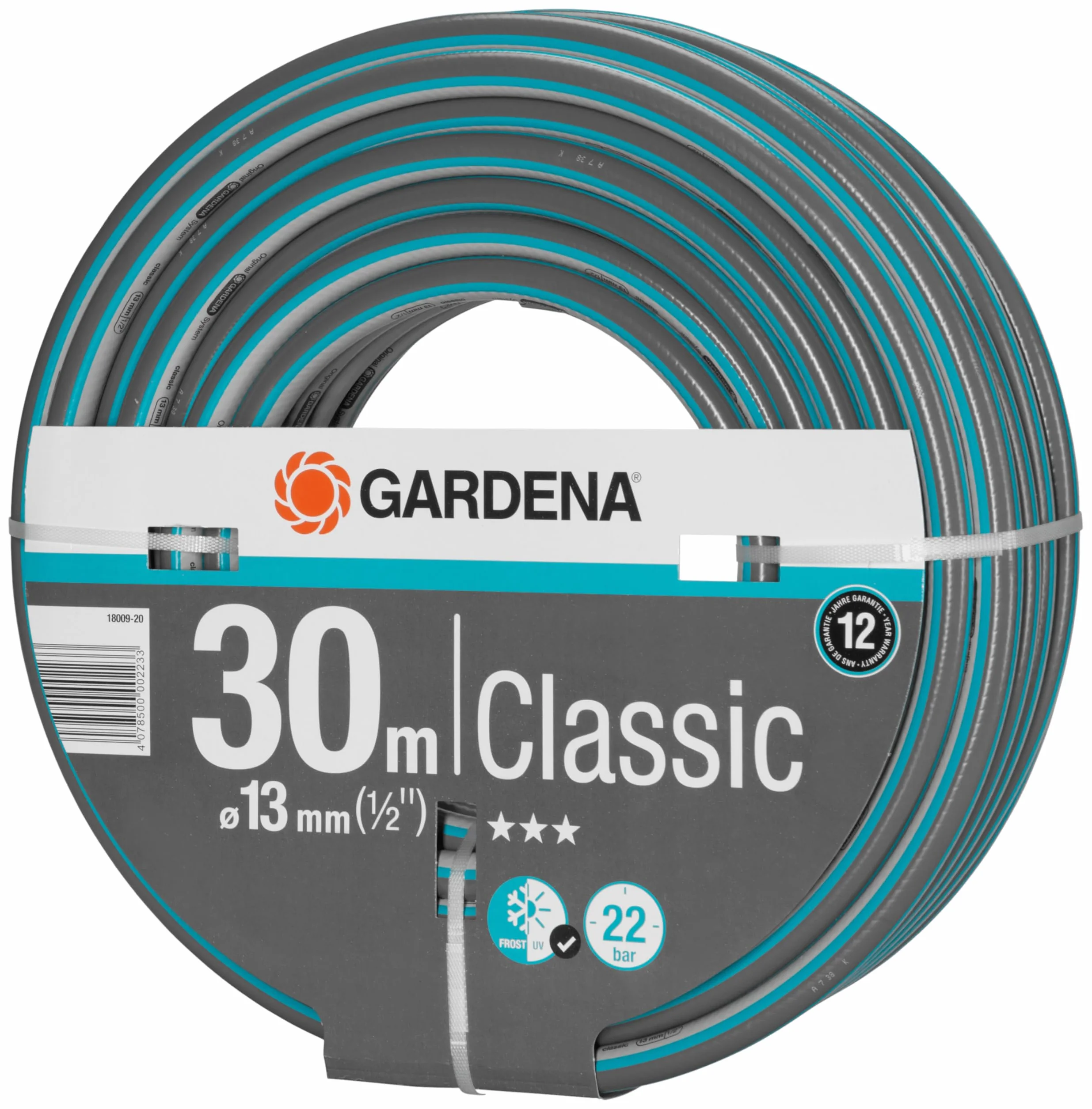 Gardena Classic wąż 13 mm (1/2"), 30 m: uniwersalny, wytrzymały wąż ogrodowy o splocie krzyżowym, ciśnienie rozrywające 22 bary, odporny na ciśnienie i promieniowanie UV (18009-20)
