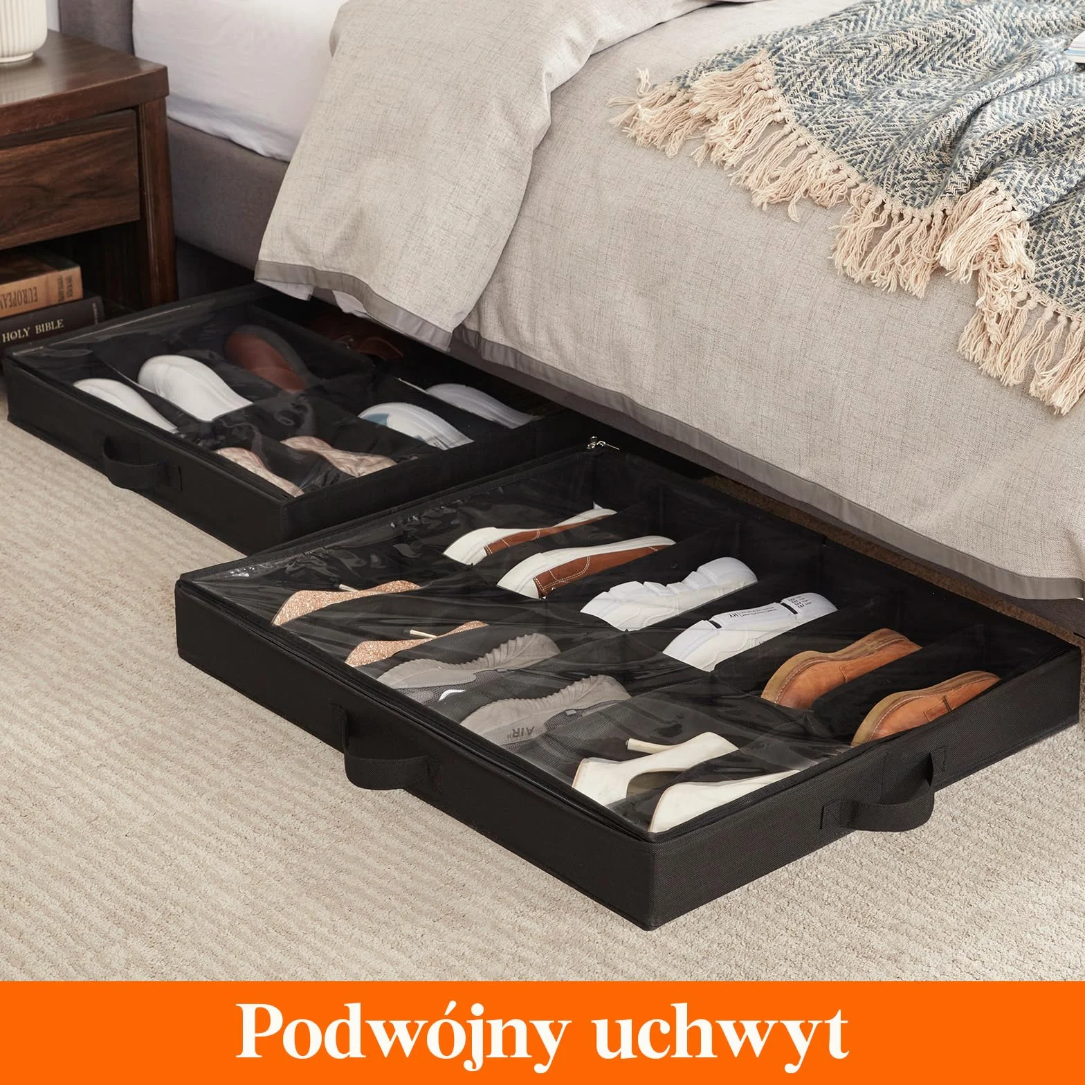 Lifewit Organizer na Buty z Przezroczystym Okienkiem, Składana Torba do Przechowywania z Uchwytem Pod Łóżko, Shoe Storage Box, Czarny, 2 x 12 Par, Zestaw 2 Sztuk